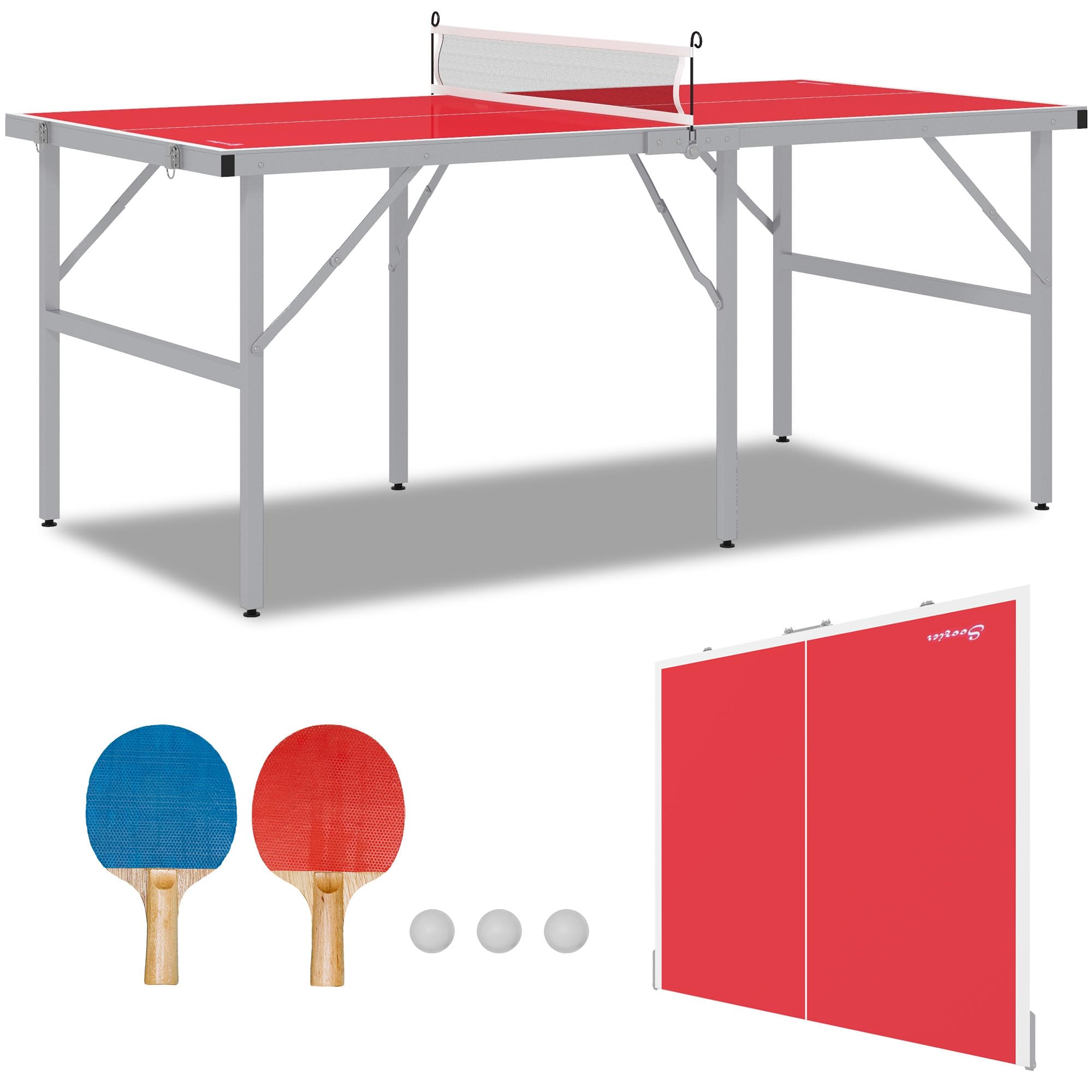 **Soozier Foldable Mini Ping Pong Table Set with Net, 2 Paddles & 3 Balls - Adjustable Feet for Indoor & Outdoor Use - Easy Assembly, Red - Perfect for Family Fun, Parties & Office Breaks**