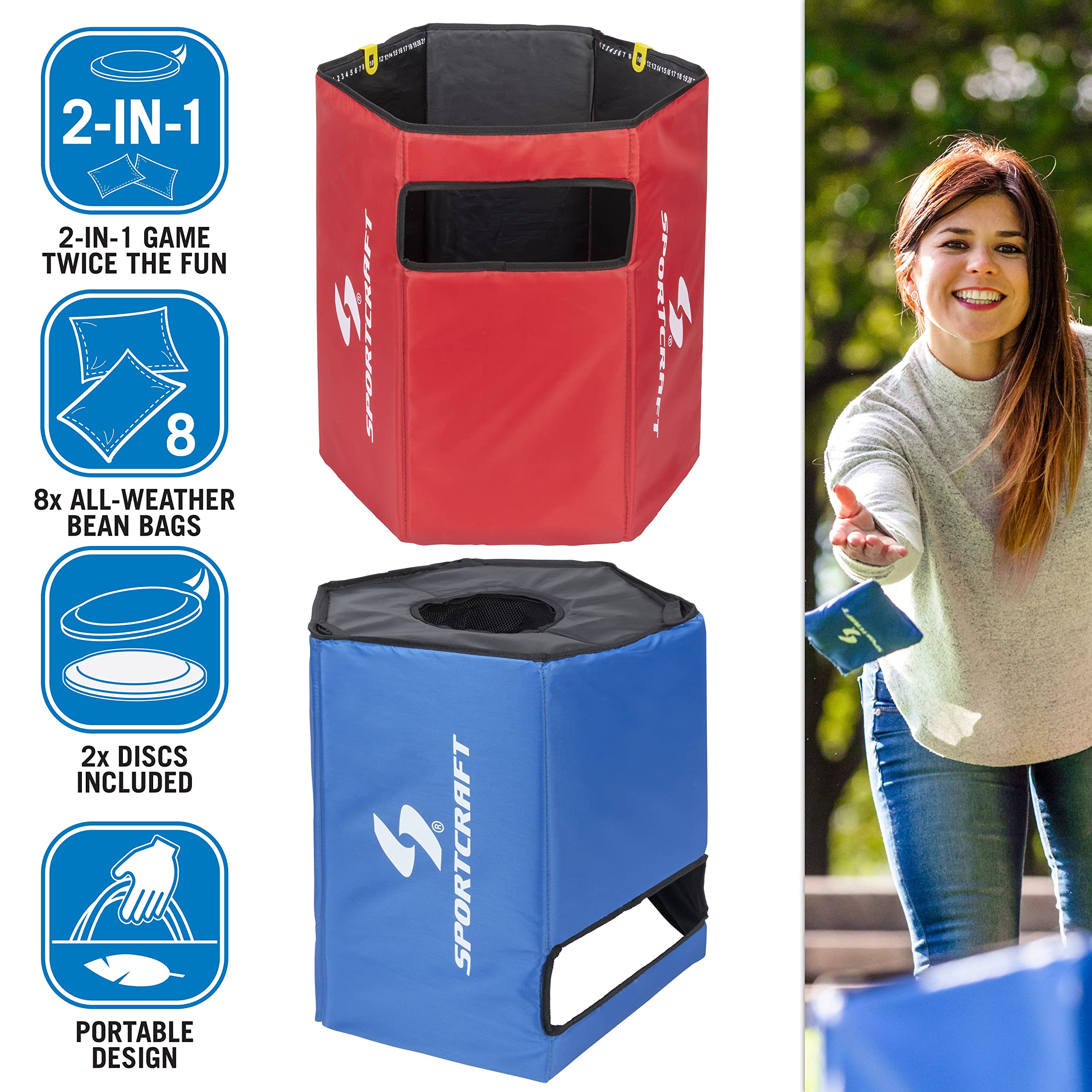 **Sportcraft 2-in-1 Folding Disc Slam & Bean Bag Toss Game Set - Red & Blue - Outdoor Backyard Party Games for Kids & Adults - Perfect for Picnics, BBQs, and Tailgating**