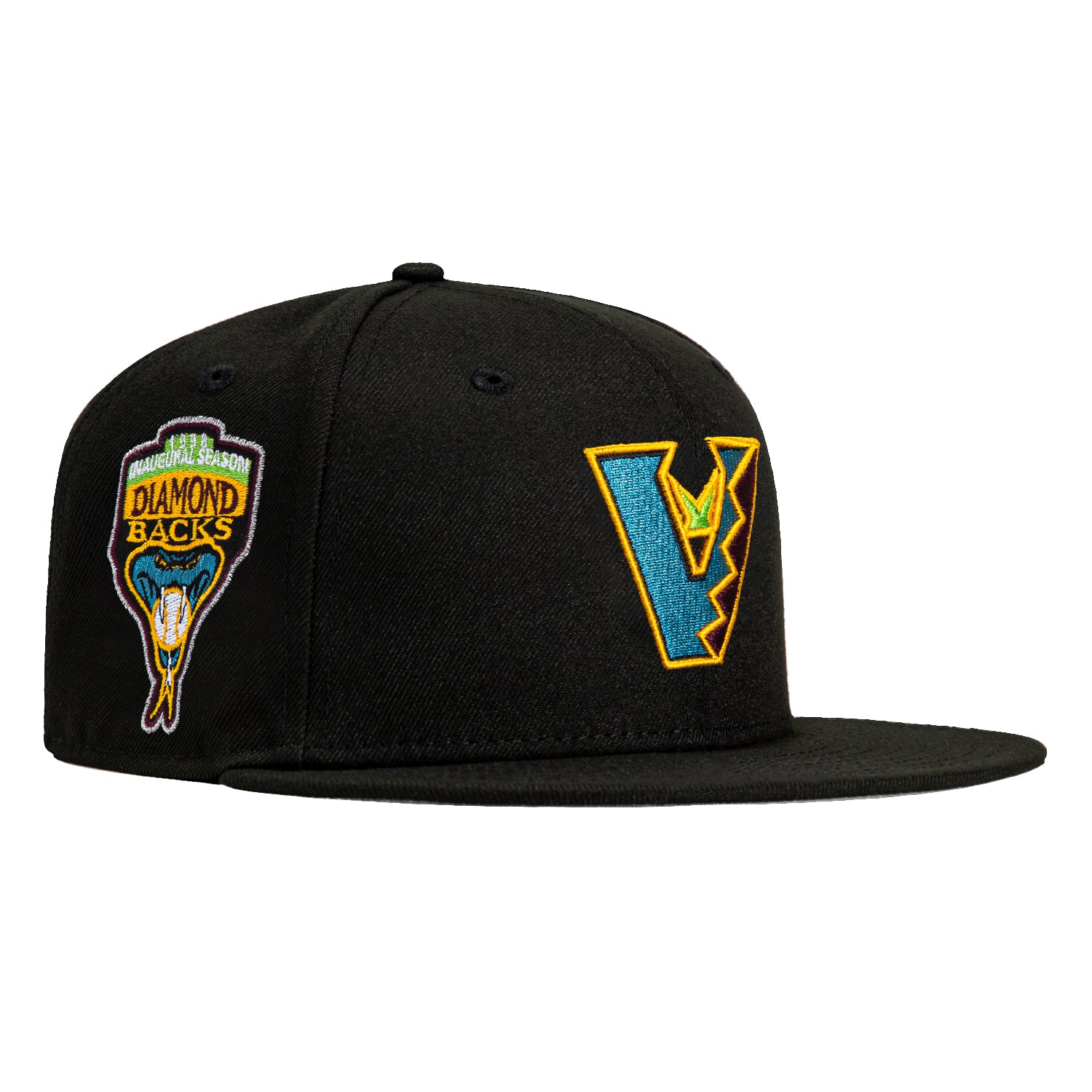 New Era 59Fifty Arizona Diamondbacks Inaugural Patch Upside Down Snapback Hat - Black, Teal, Maroon & Metallic Silver | MLB Baseball Fan Gear for Games & Streetwear Fashion