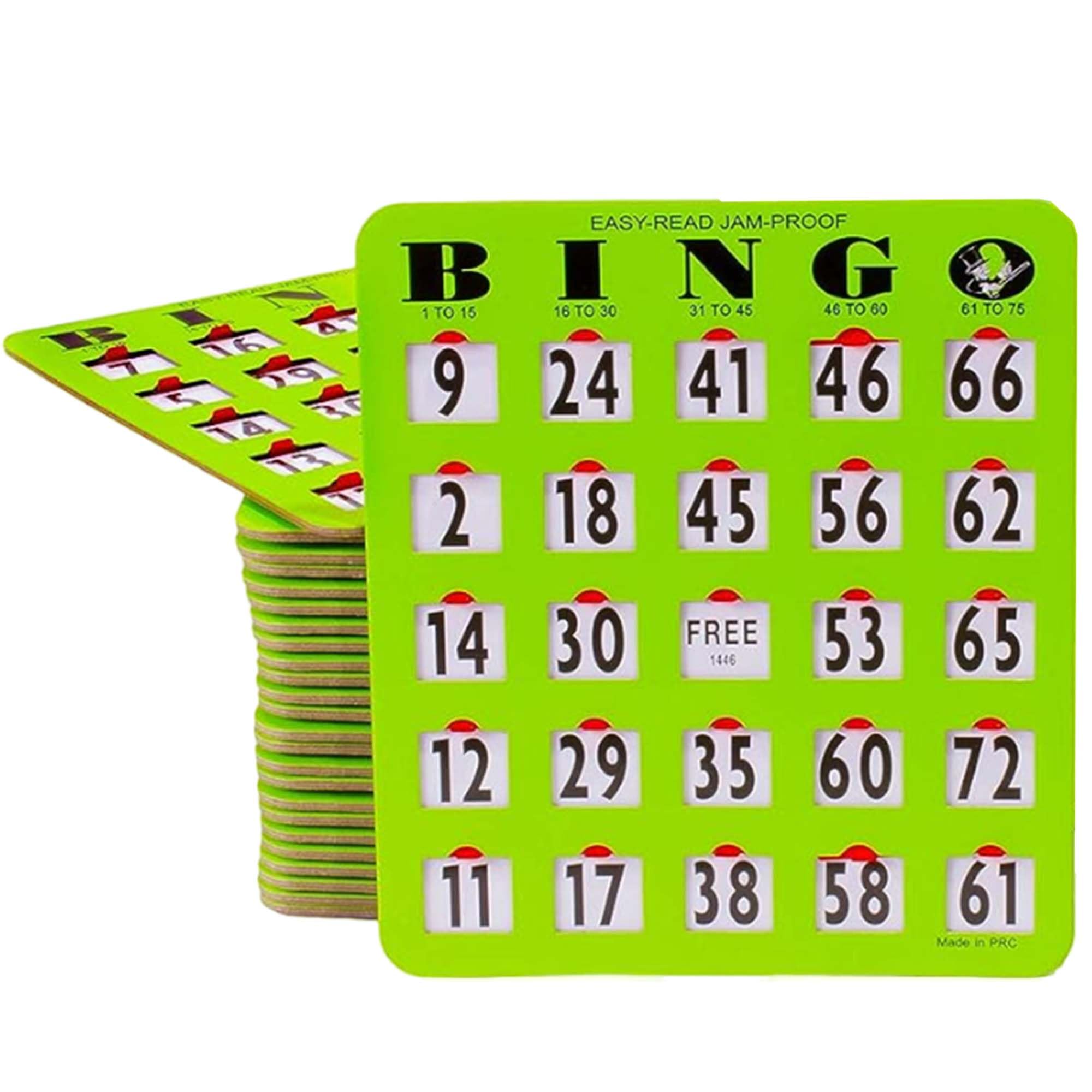 MR CHIPS Jam-Proof Easy-Read Large Print Fingertip Bingo Cards with Sliding Windows - 100 Pack Green | Perfect for Bingo Nights, Senior Activities & Family Game Events