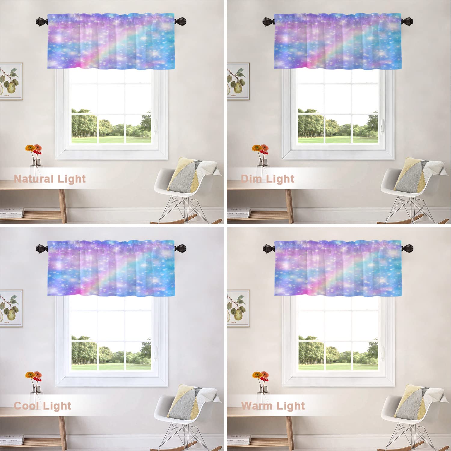 Pastel Rainbow Unicorn & Glitter Stars Kitchen Valance - 52x18 Inch Galaxy Fantasy Window Curtain (Set of 2) for Kitchen Decor - Perfect for Cozy Breakfast Nooks & Whimsical Dining Areas