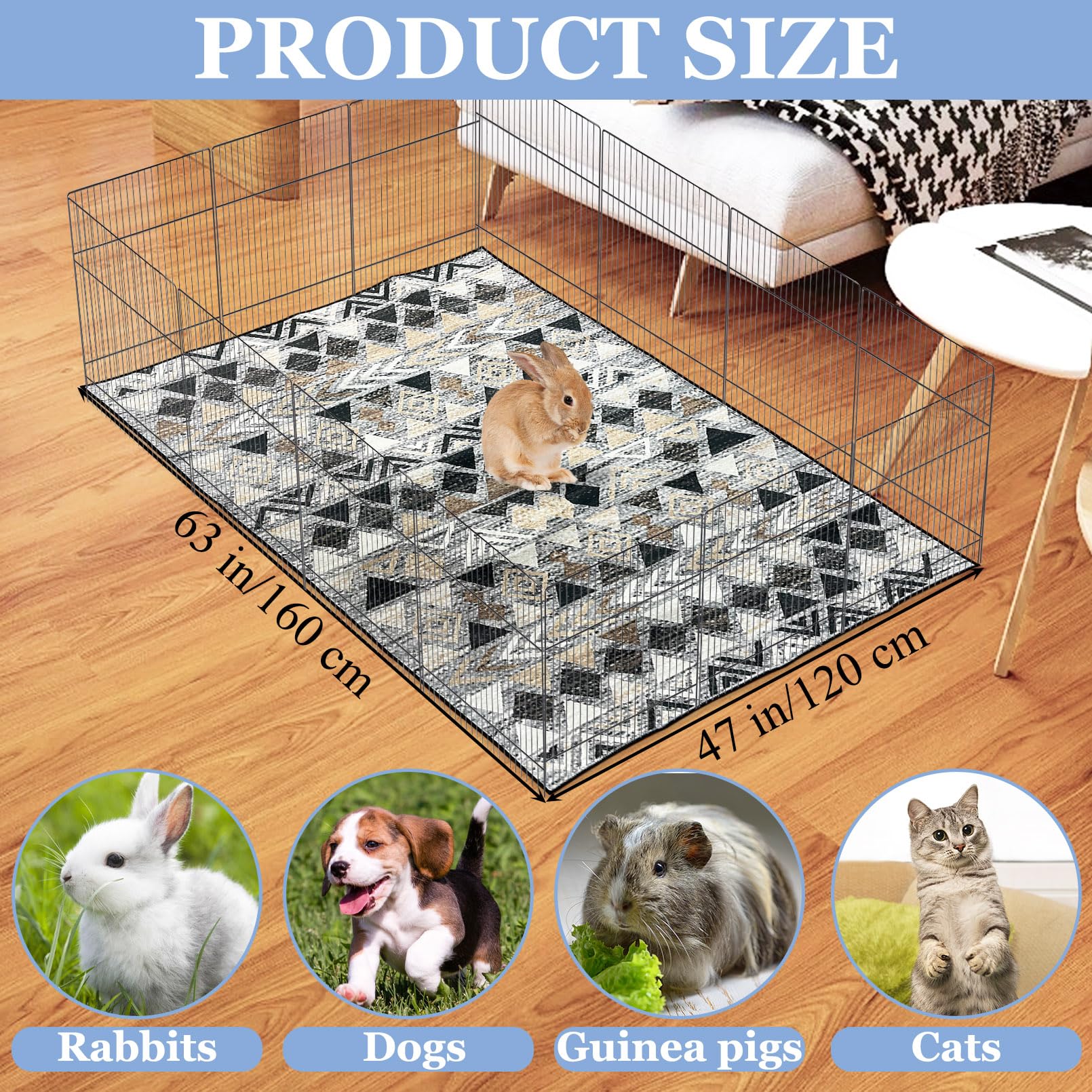 BNOSDM 63x47 Inch Washable Rabbit Cage Liner - Reusable Bunny Mat with Anti-Slip Bottom, Soft Pet Playpen Pad for Rabbits, Dogs, Chinchillas, Guinea Pigs & Ferrets - Perfect for Indoor Cages, Play Areas & Floor Protection