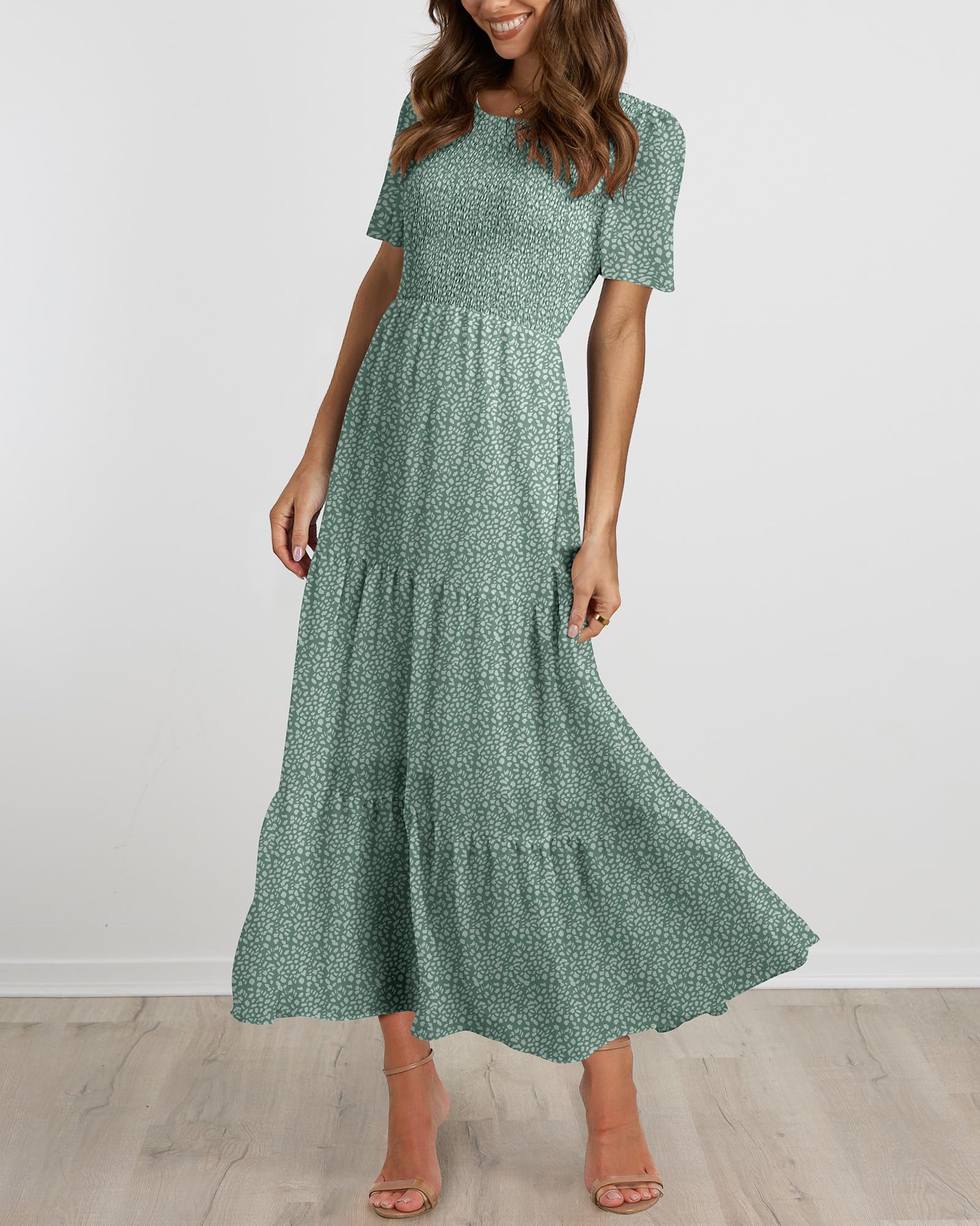 BTFBM Women's Bohemian Floral Print Maxi Dress - Short Sleeve Crew Neck Summer Casual Tiered Flowy Dress for Beach, Vacation & Cocktail Parties