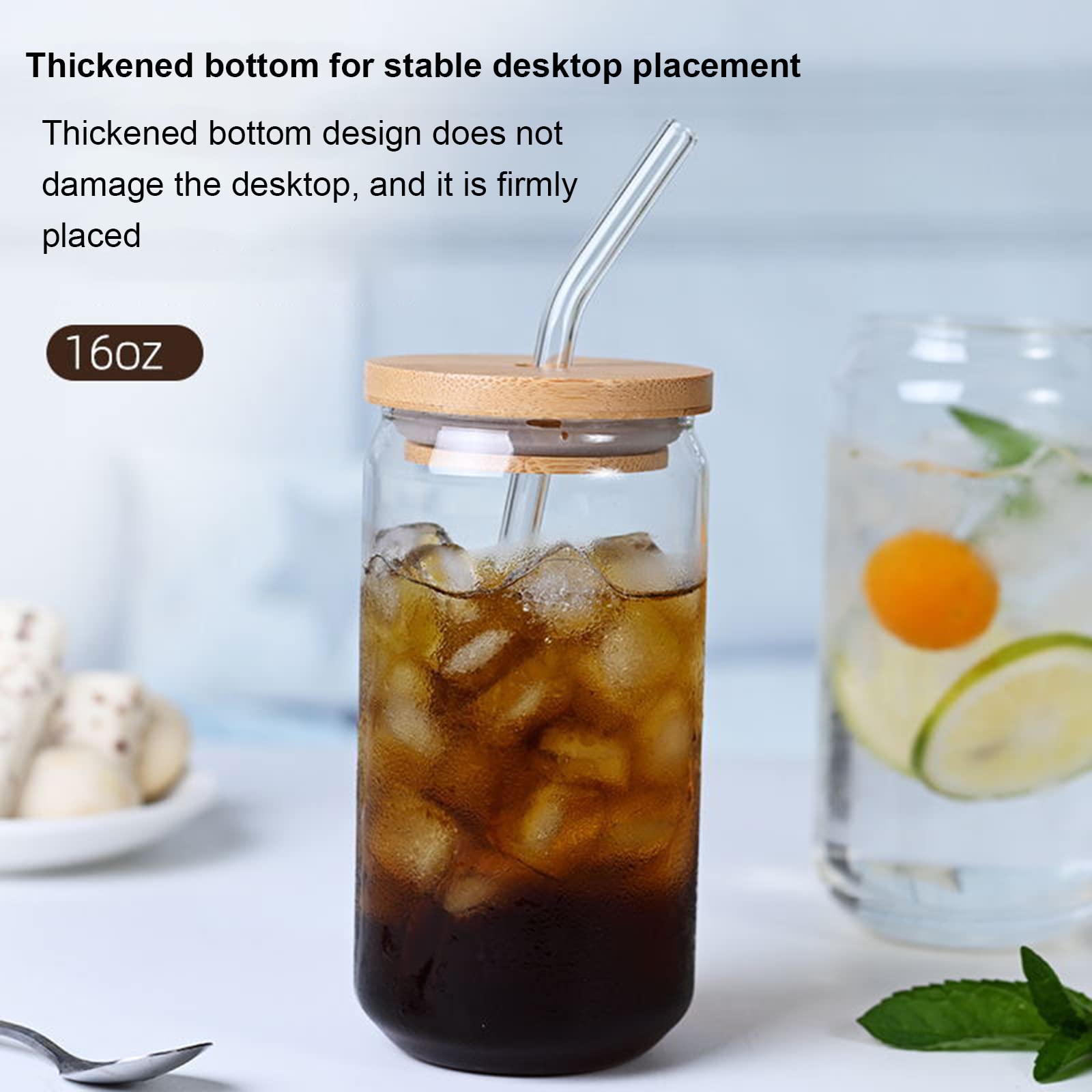 2 Set Beer Can Shaped Glasses with Bamboo Lid & Glass Straws - Reusable Drinking Cups for Beer, Iced Coffee, Boba, Smoothies - Perfect for Home, Office, Travel & Outdoor Parties