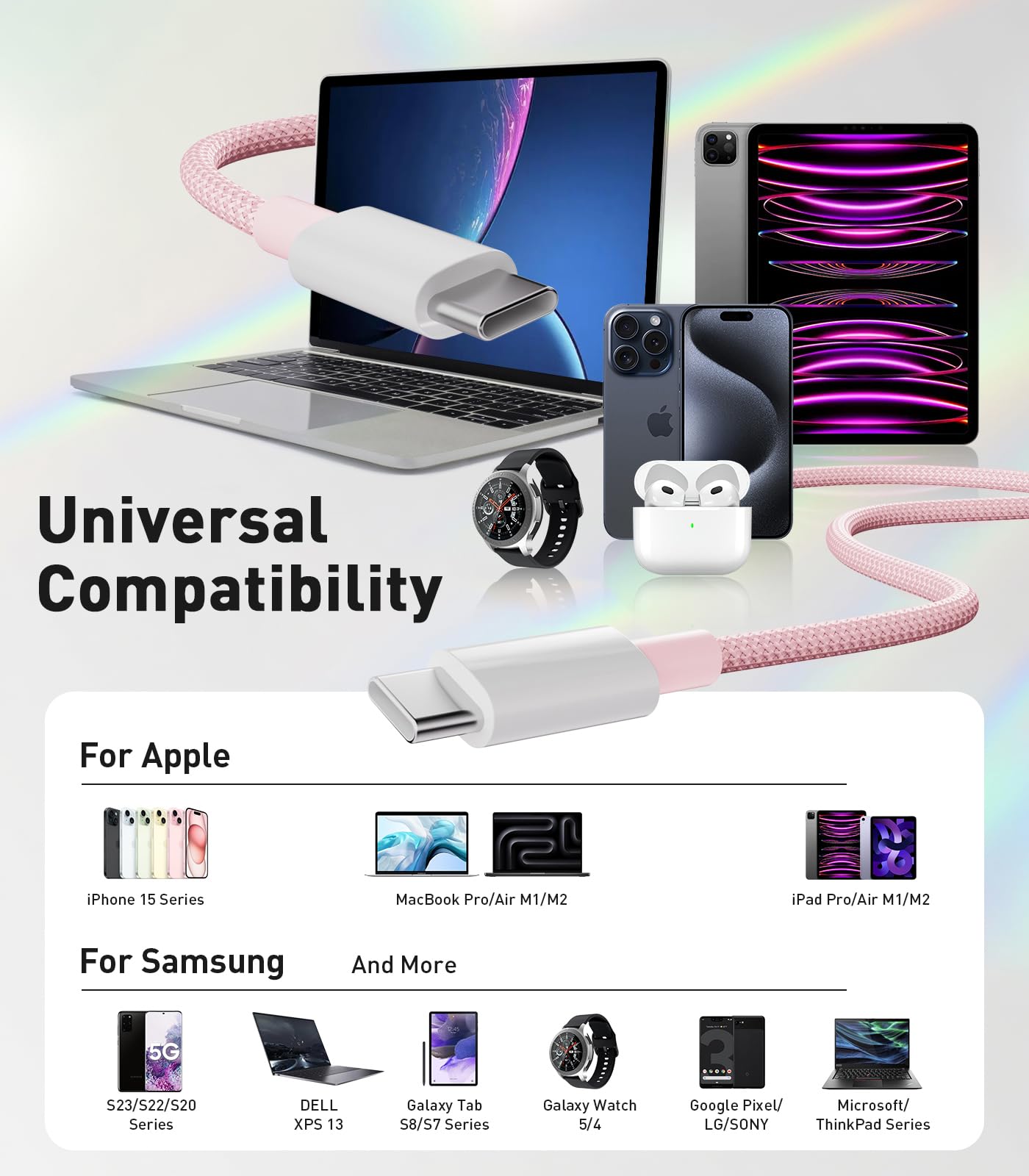 60W Fast Charging USB C to USB C Cable 2M - Compatible with iPhone 15/Plus/Pro Max, Samsung Galaxy S23/S22, Pixel 7 Pro, MacBook Pro 2021 & iPad Air 5 - High Speed Charger for Phones, Tablets & Laptops - Perfect for Home, Office & Travel Charging