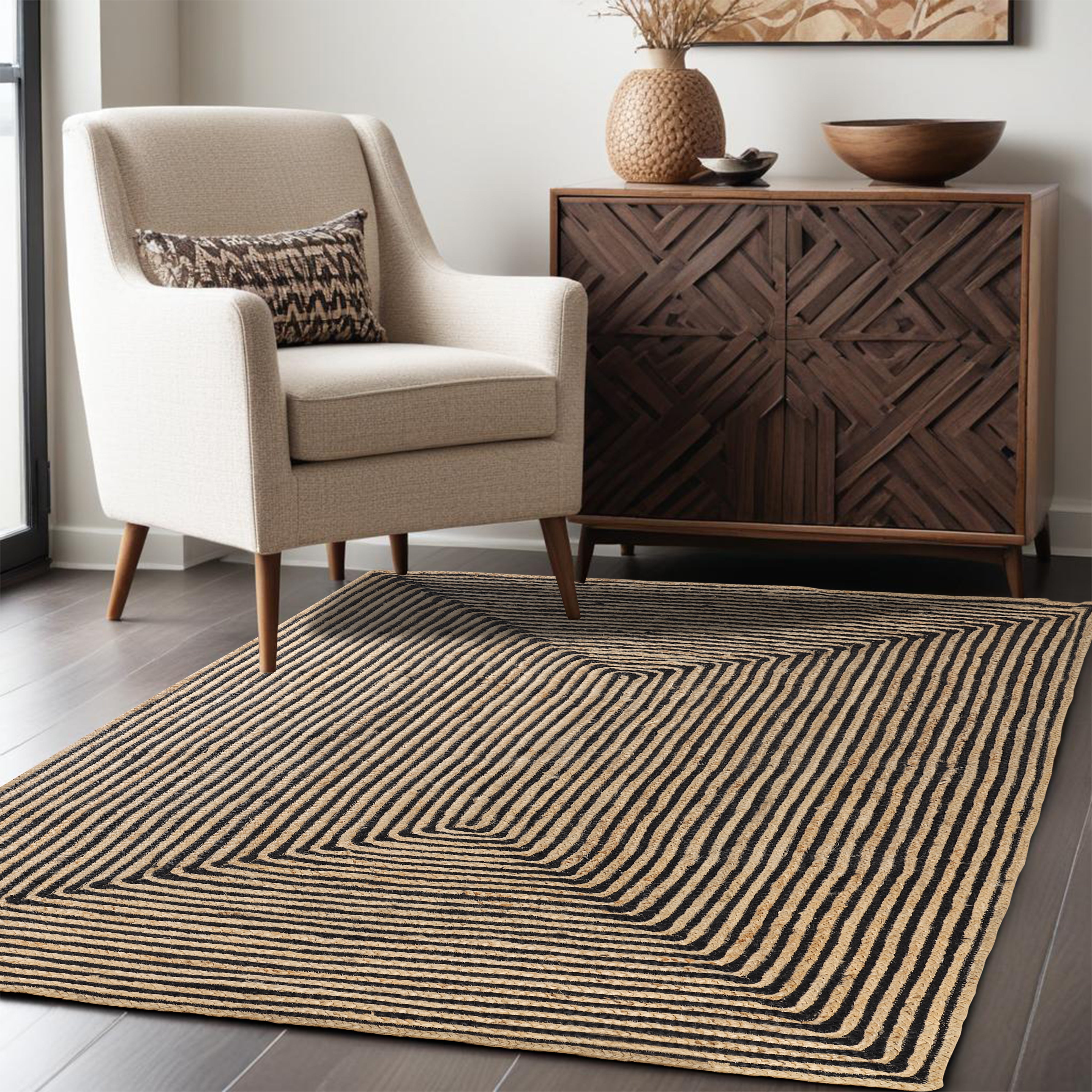 Braided Jute Reversible Handwoven Area Rug - Natural Fiber Floor Mat for Living Room, Bedroom, Patio - Eco-Friendly Indoor Outdoor Decor