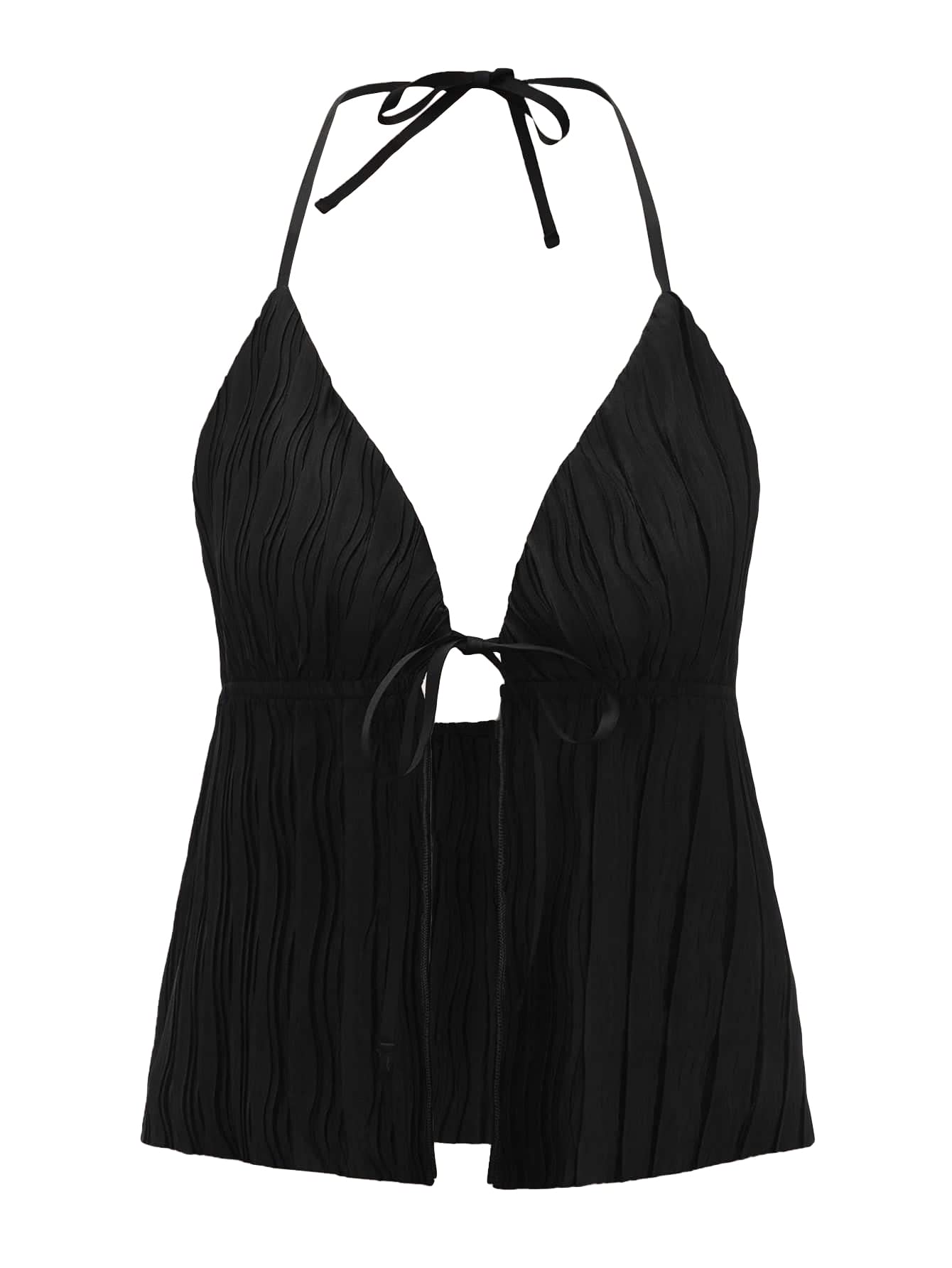 Verdusa Women's Tie Front Deep V Neck Sleeveless Split Crop Halter Top - Sexy Summer Beachwear for Vacation, Party & Date Night