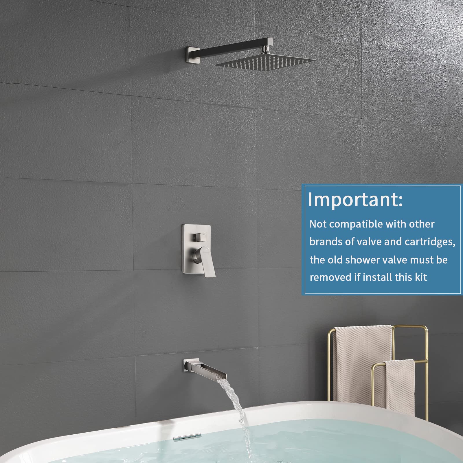 Waterfall Shower Faucet Set with Tub Spout - Brushed Nickel Wall Mount Shower System with Rough-in Valve - Perfect for Modern Bathroom Renovations & Spa-Like Showers