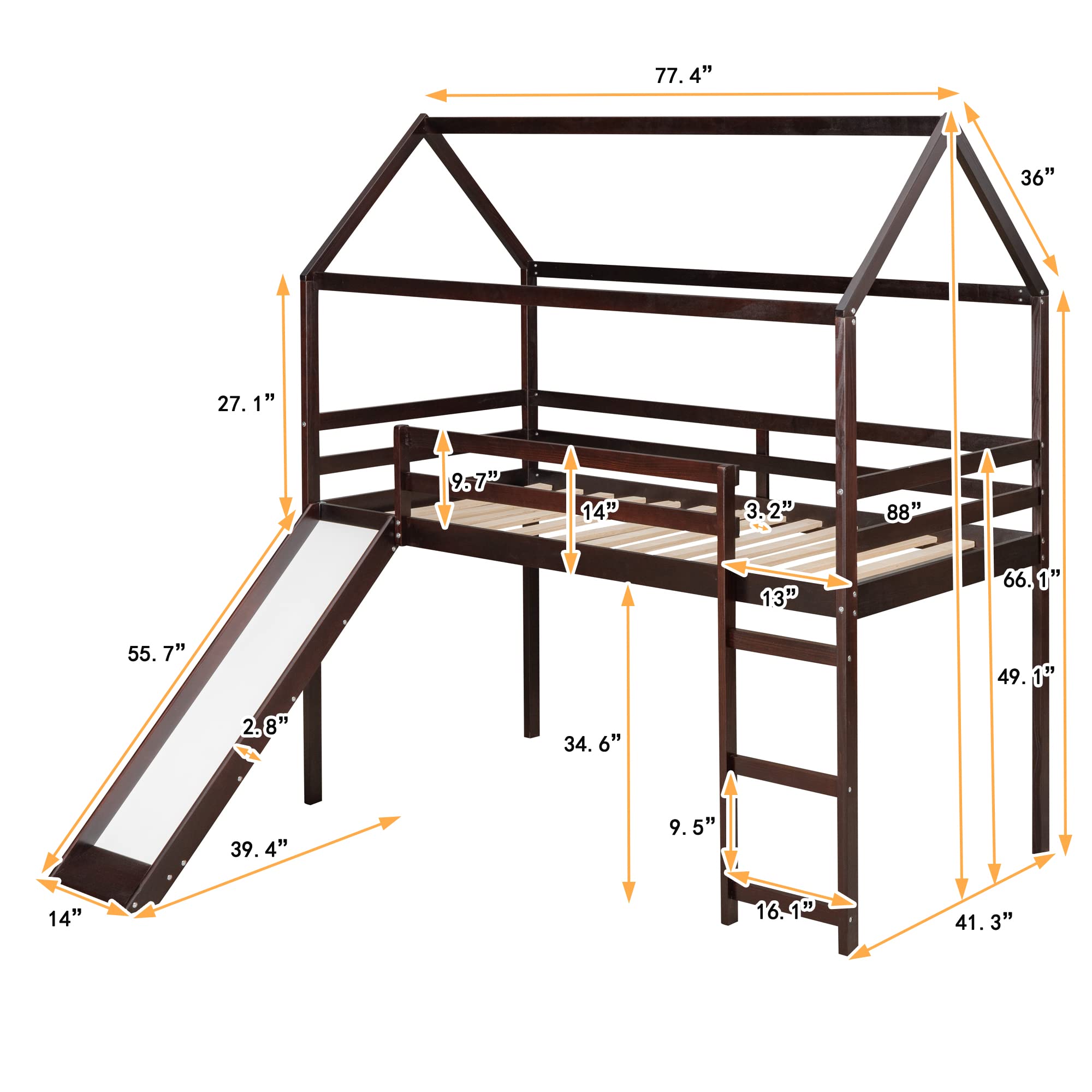 Merax Twin Size Loft Bed with Slide - House Shaped Kids Bunk Bed Frame with Ladder & Slats, No Box Spring Needed | Perfect Space-Saving Solution for Boys & Girls Bedrooms, Playrooms & Small Spaces