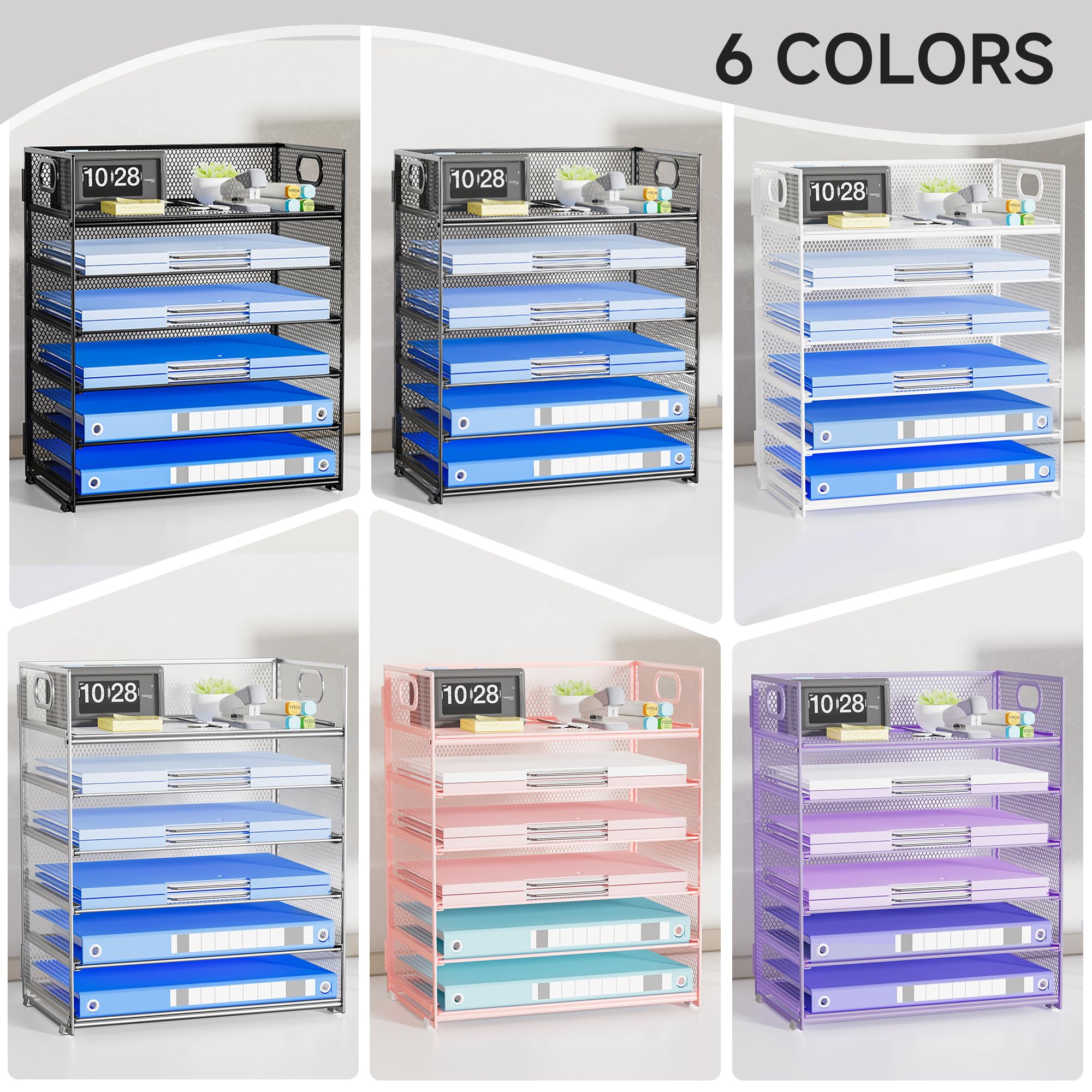 6 Tier Mesh Paper Organizer for Desk with Handle - Black | Desktop File Tray Letter Organizer for Office, Home & School Use