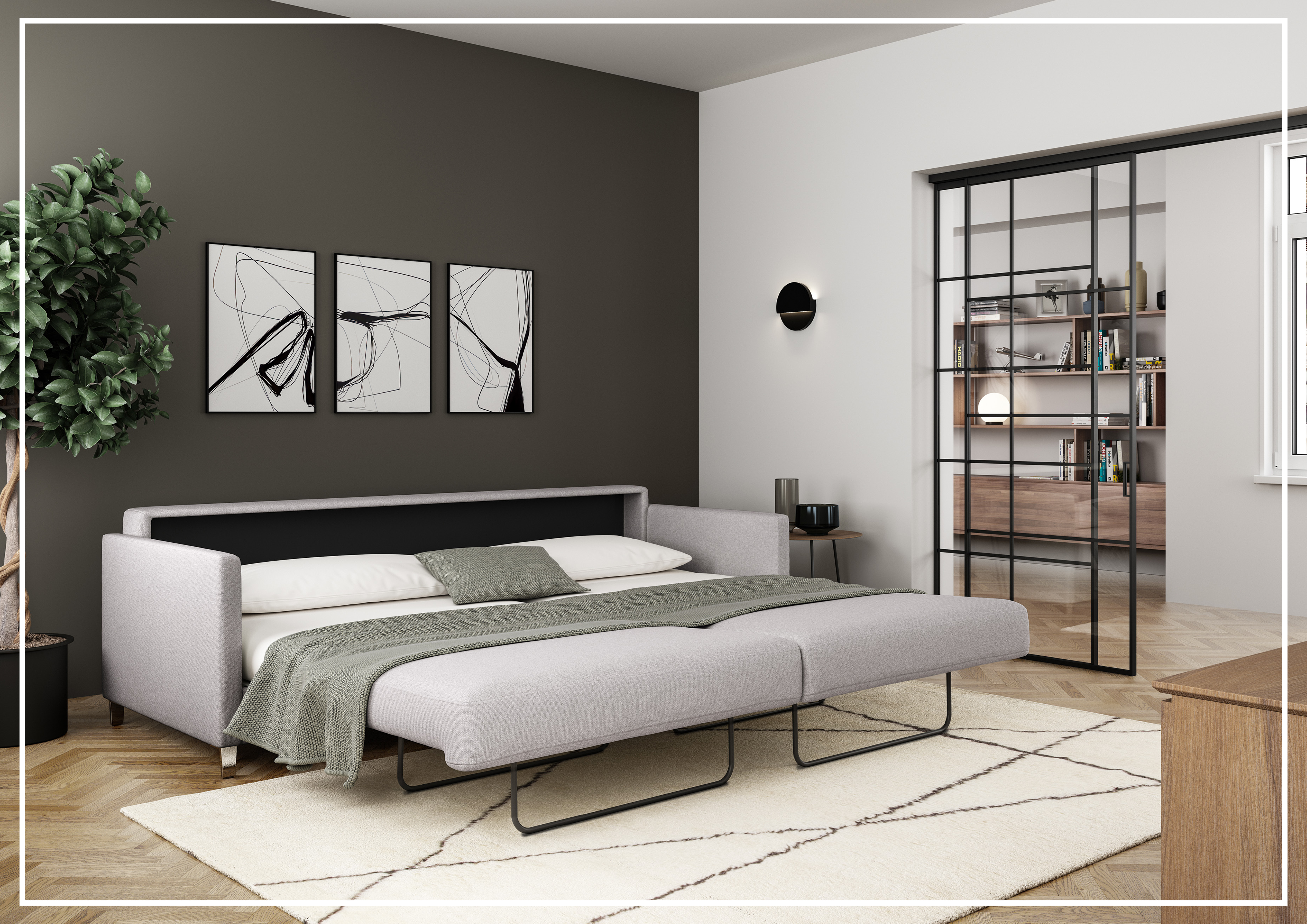 Luonto Elfin Fabric King Sleeper Sofa with Chrome or Wood Legs - Convertible Sofa Bed for Small Spaces, Guest Room & Apartment Living