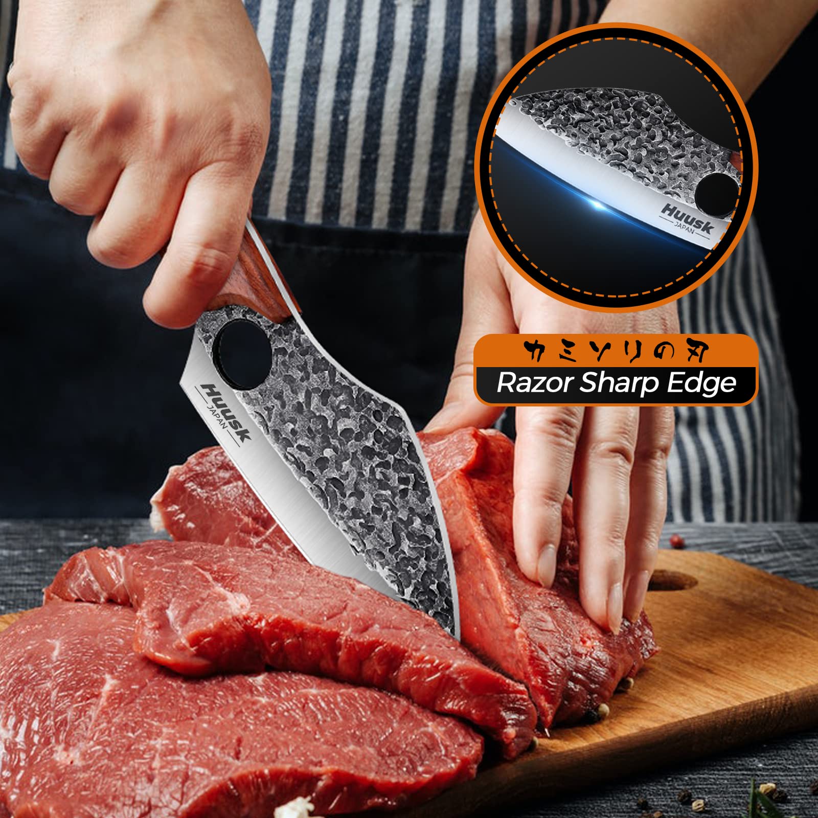 Premium Huusk Japanese Chef Knife Set with Leather Sheath - Razor Sharp Kitchen Knives for Cooking, Camping & Outdoor Adventures - Perfect Gift for Men & Home Chefs