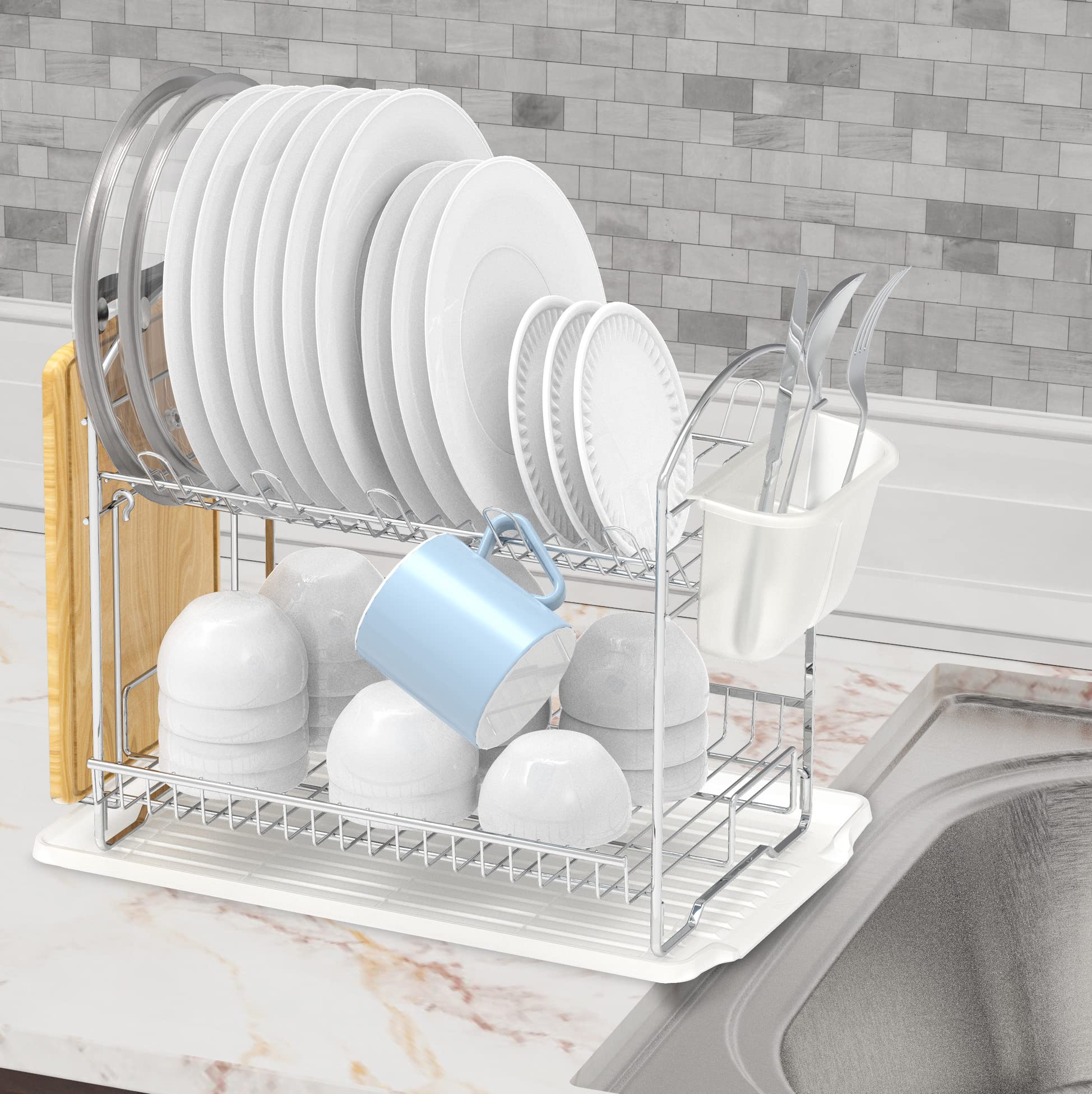 2-Tier Stainless Steel Dish Drying Rack with Drainboard | Space-Saving Kitchen Organizer | Perfect for Small Kitchens & Countertops | Chrome Finish | Simple Houseware Brand