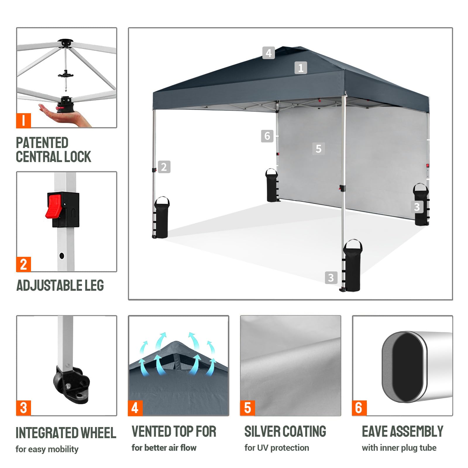 CROWN SHADES 10x10 Pop Up Canopy Tent with 1 Side Wall - Instant One Push Setup Sun Shelter for Beach, Camping, Backyard Parties - Portable Outdoor Gazebo with STO-N-Go Carry Bag (Grid Grey) - Perfect for Picnics, Tailgating and Outdoor Events