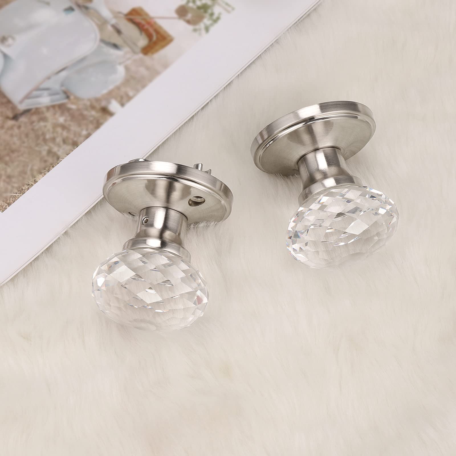 Crystal Style Passage Door Knobs - 2 Pack Satin Nickel Glass Interior Door Handles with Lock for Hall Closet & Bedroom Doors | Elegant Home Decor Upgrade