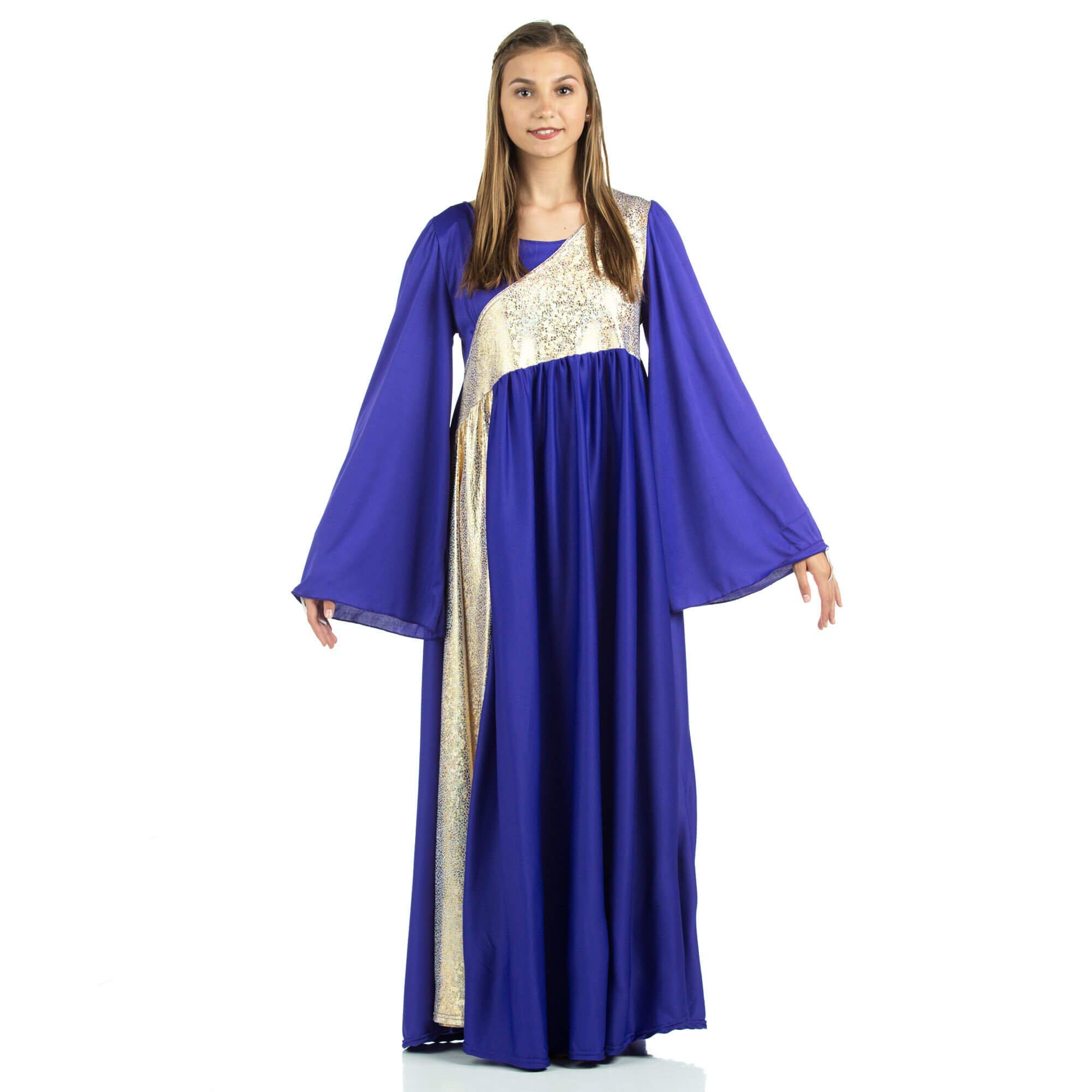 Danzcue Women's Shimmery Asymmetrical Bell Sleeve Dance Dress - Elegant Performance Costume for Latin, Ballroom & Stage Shows
