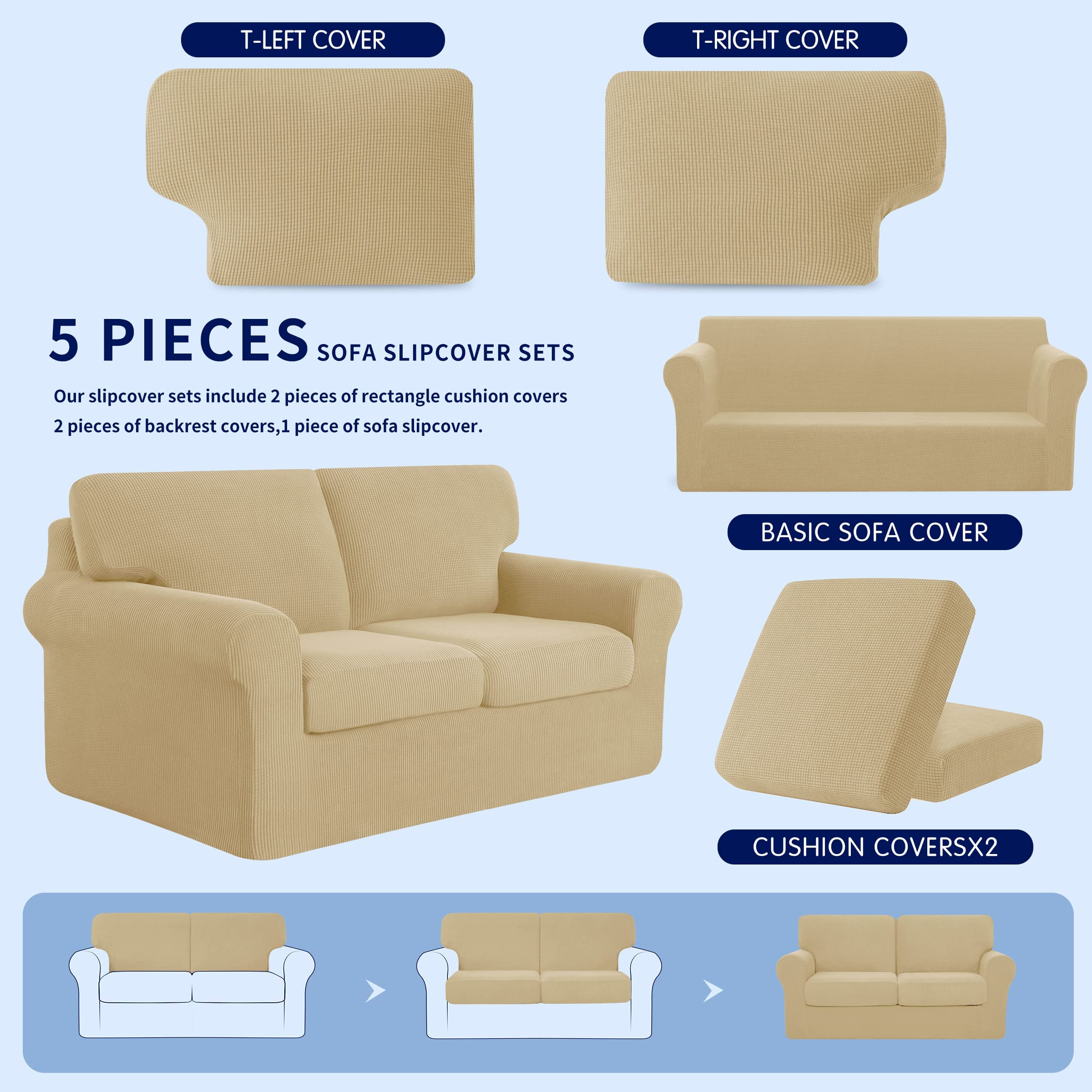 SUBRTEX 5-Piece Loveseat Cover & 7-Piece Sofa Cover Set - Stretchable Couch Slipcovers with Separate Backrest & Cushion Covers - Khaki Living Room Furniture Protector for Medium & Large Couches - Perfect for Home Decor, Pet Protection, and Daily Use