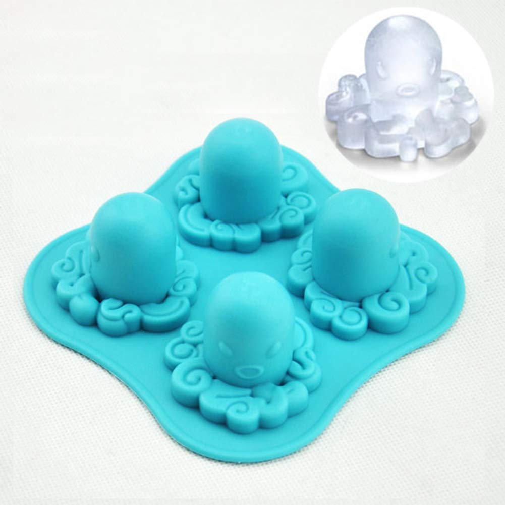 Blue Silicone Ice Cube Tray with 4 Octopus Grids - Reusable Freezer Mold for Cocktails, Lemonade & DIY Crafts - Perfect for Parties, Home Bars & Kids' Snacks