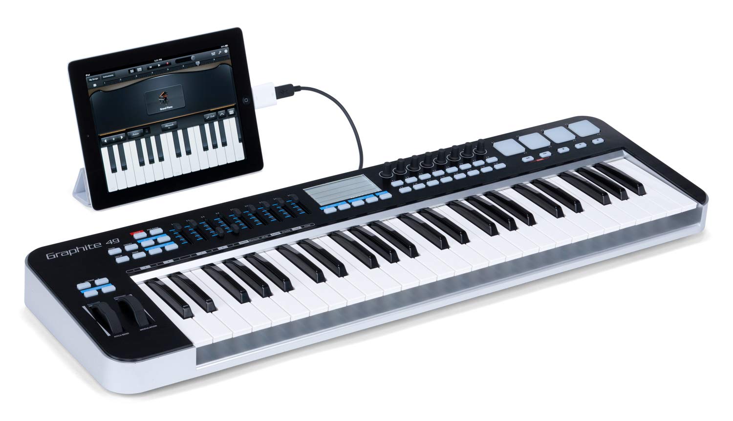 Samson Graphite 49-Key USB MIDI Keyboard Controller Bundle with Built-in USB Hub, USB-C Adapter & Polishing Cloth - Perfect for Music Production, Studio Recording & Live Performances