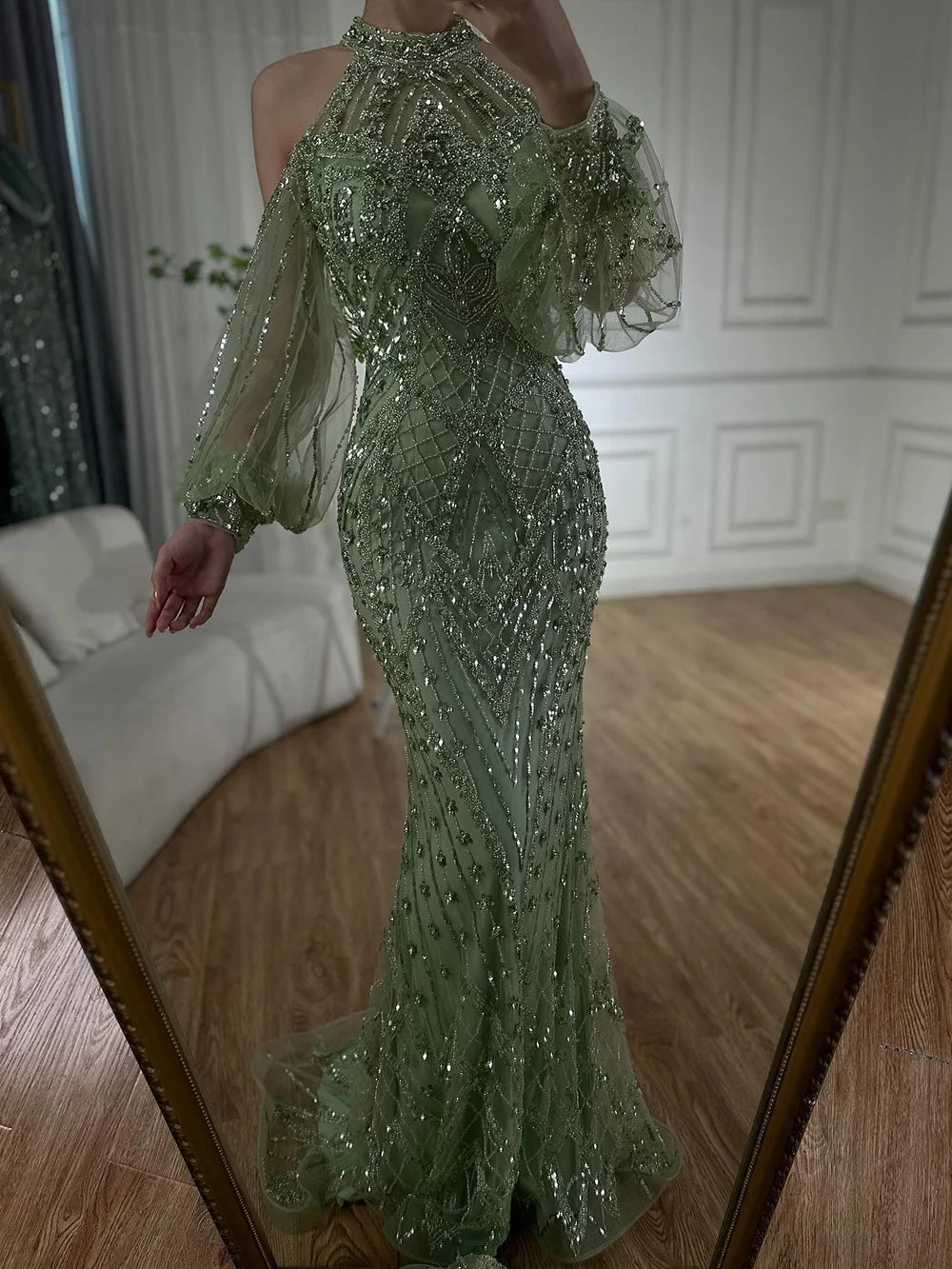 Elegant Sage Green Beaded Halter Neck Mermaid Evening Dress for Women - Luxury Dubai Formal Gown for Weddings, Prom, and Special Occasions - Saudi LA72737