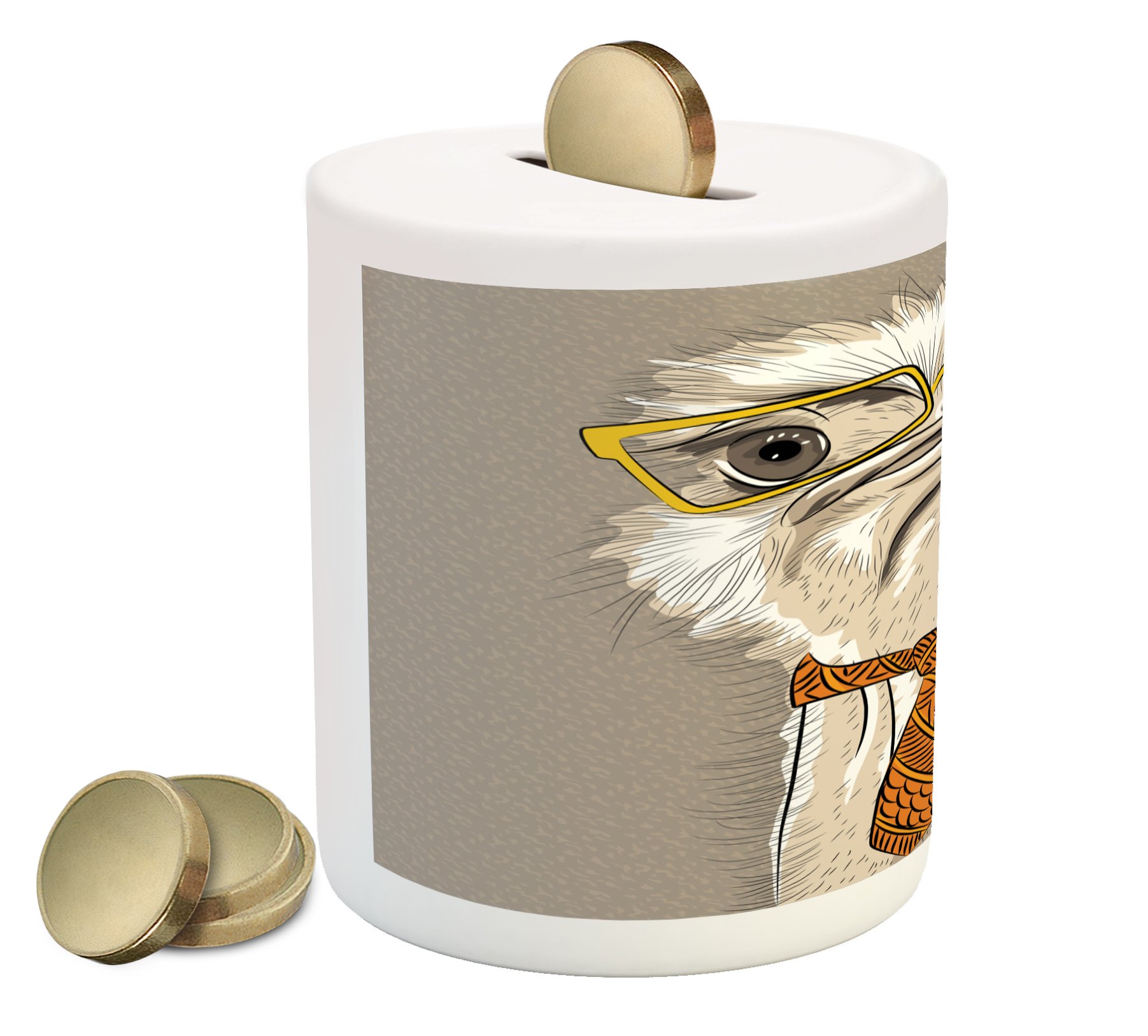 Ambesonne Ceramic Piggy Bank - Funny Modern Ostrich with Yellow Glasses & Tie Design, Money Saving Coin Bank for Kids & Adults | Home Office Decor, Birthday Gift Idea, Cash Storage Solution