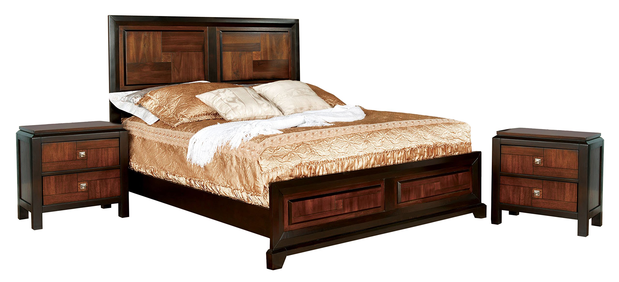 Cleo 3-Piece Transitional Multi-Tone Queen Size Bed Set with 2 Nightstands - Acacia Wood Frame (Box Spring Required) | Modern Bedroom Furniture for Master Suite or Guest Room