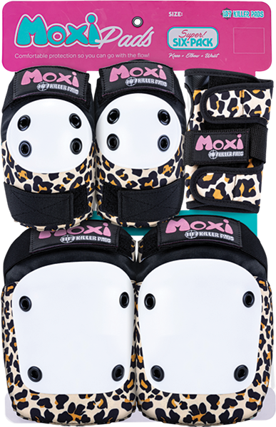 6 Pack XS Moxi Leopard 187 Pads - Protective Knee & Elbow Pads for Skating, Roller Derby, and Outdoor Sports - Comfortable & Durable Safety Gear