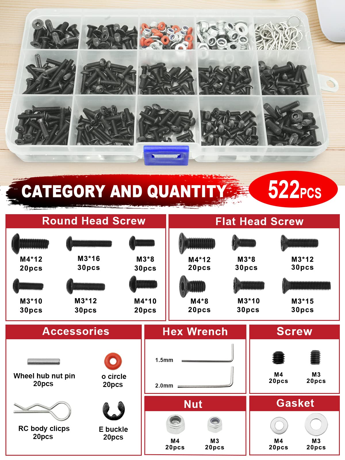Premium 522-Piece RC Tool Kit with Screwdriver Set (Flat, Phillips, Hex), Metal Holder, Work Stand, Pliers, Body Reamer & Wrench - Complete Repair Tool Set for RC Cars, Boats, Quadcopters & Helicopters - Ideal for Hobbyists and DIY Enthusiasts (Red)