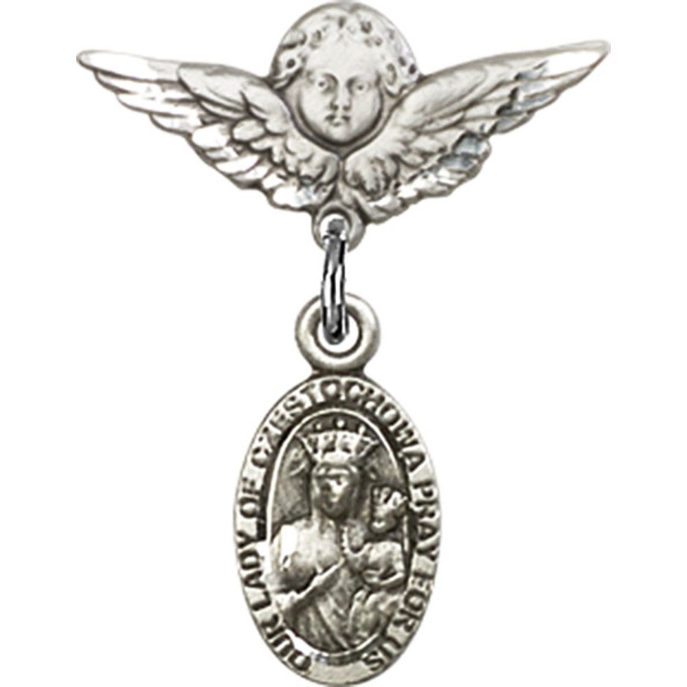 Sterling Silver Baby Badge with Our Lady of Czestochowa Charm & Angel Wing Pin - 7/8