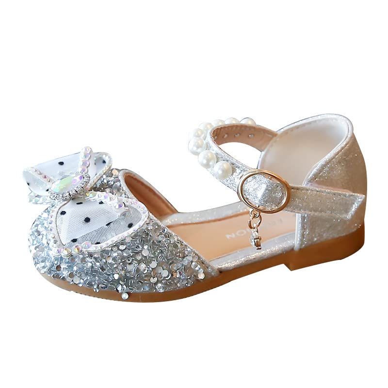 Kelon Girls Mary Jane Shoes with Bowknot - Baby Pearl & Crystal Princess Shoes for Toddlers - Silver Bling Flat Sandals for Dancing, Parties & Special Occasions