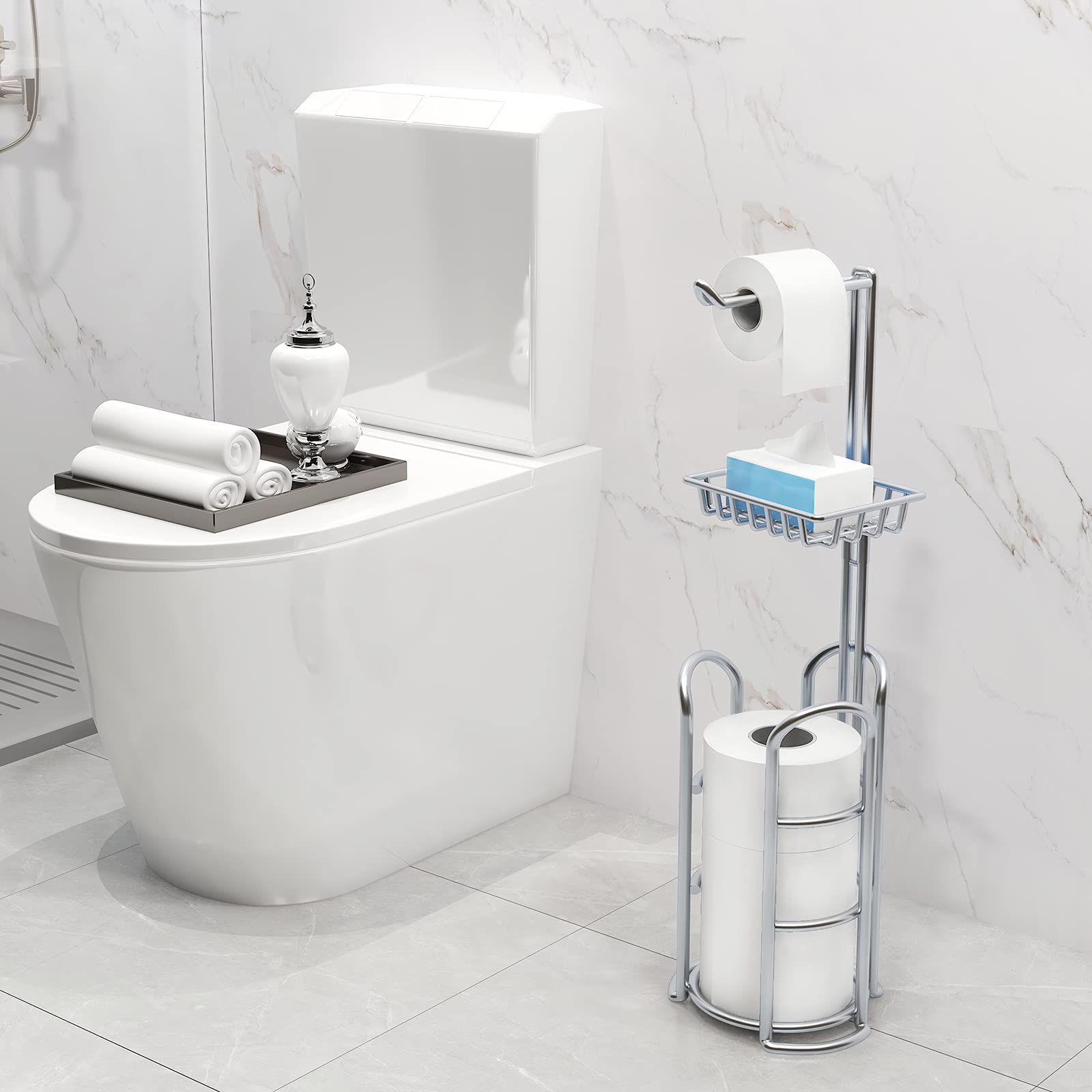 TreeLen Chrome Freestanding Toilet Paper Roll Holder with Shelf - Modern Metal Bathroom Tissue Storage Organizer for Bathroom, Kitchen, RV & Office Use