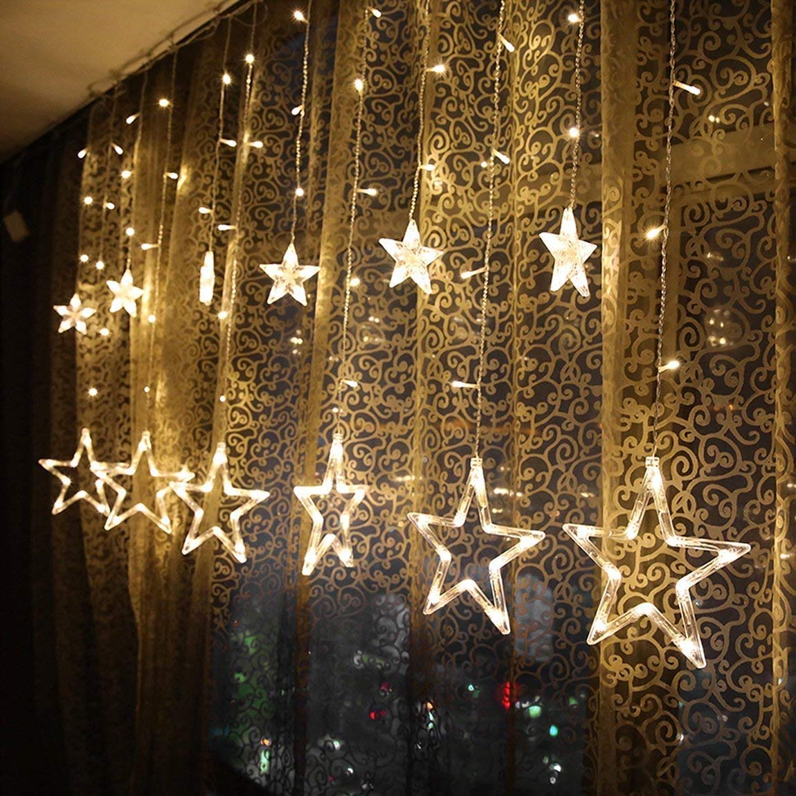 WISHWILL 12-Star 138 LED Twinkle Curtain Lights with 8 Lighting Modes - Waterproof UL Certified Fairy String Lights for Bedroom, Party & Christmas Decor (Warm White) | Perfect for Indoor/Outdoor Weddings, Holidays and Cozy Home Ambiance