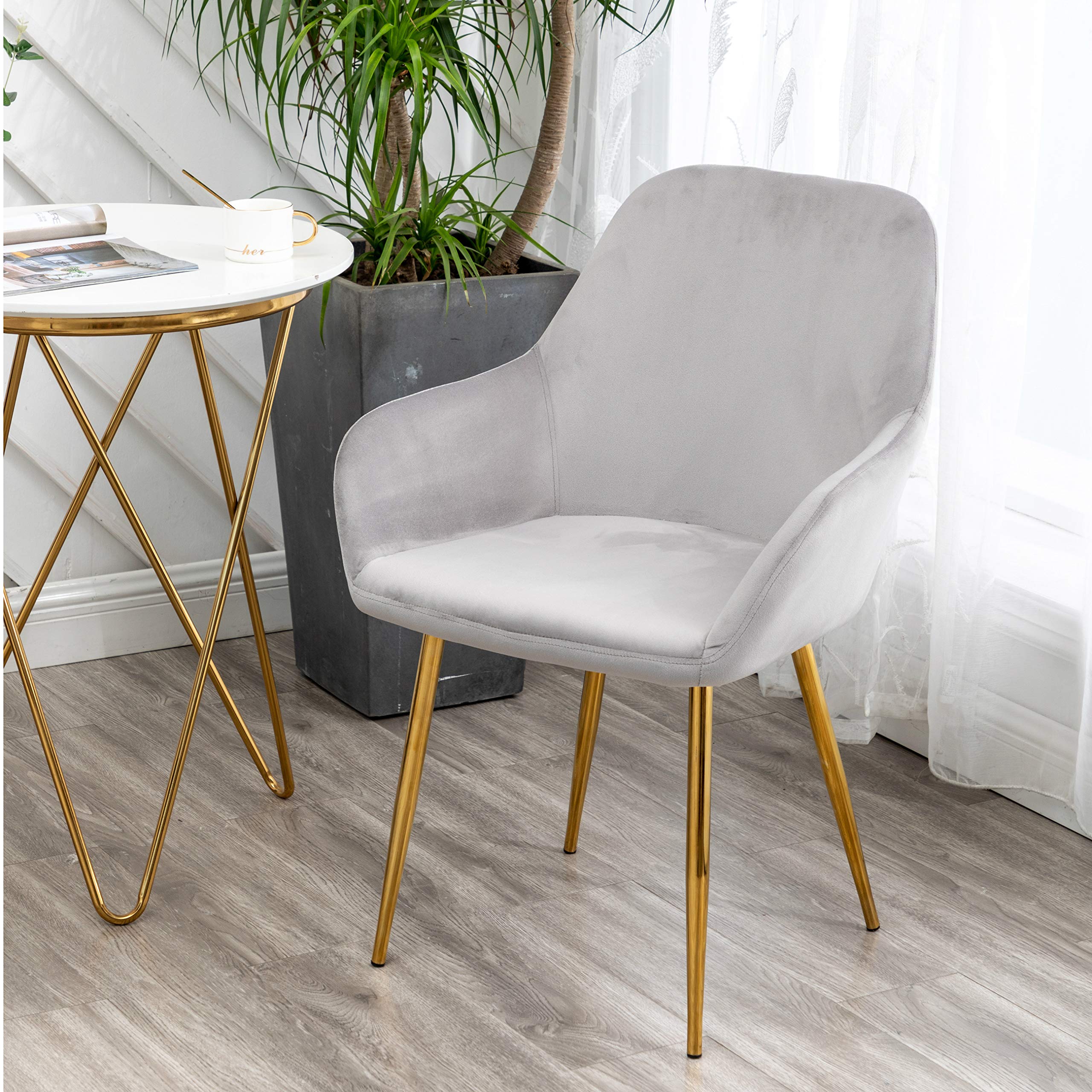 BTEXPERT Modern Golden Leg Dark Mid-Back Accent Chairs - Set of 2 Gray Velvet Upholstered Armchairs with Gold Plated Legs for Living Room, Dining Room & Lounge Areas - Perfect for Home Decor, Relaxation and Entertaining Guests