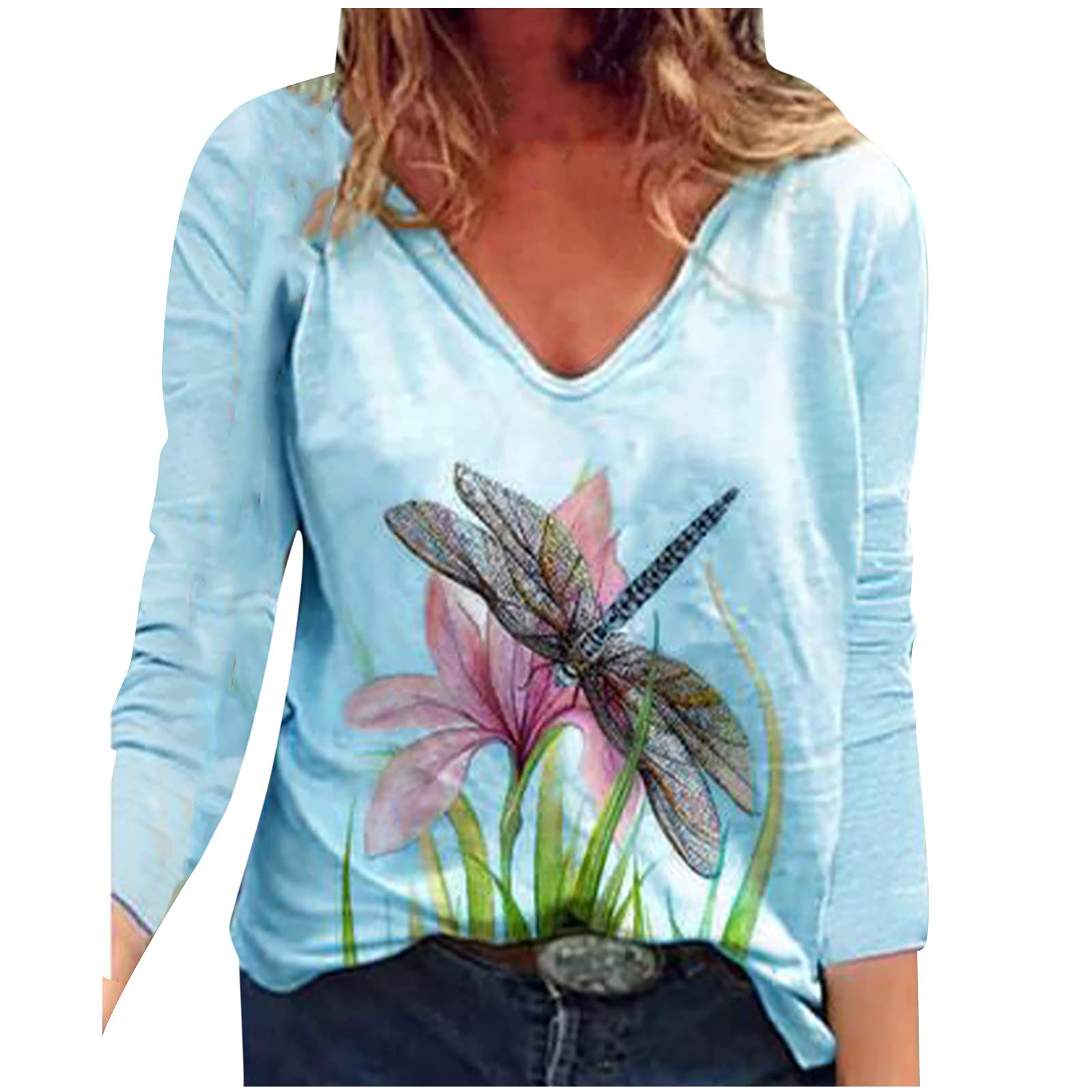 Women's Dragonfly Printed V-Neck Long Sleeve T-Shirt - Soft Casual Pullover Blouse for Fall | Everyday Wear, Office Outfits & Weekend Comfort