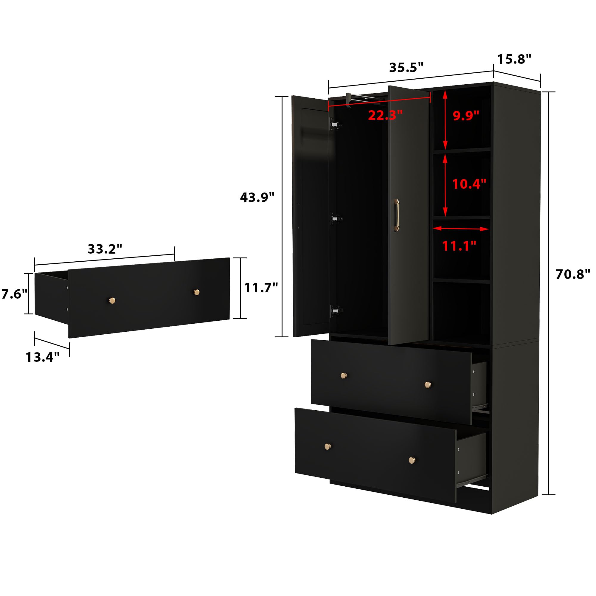 Homsee Wooden Wardrobe Armoire with Mirror - 2 Doors, 2 Drawers & 4 Open Storage Cubes - Freestanding Closet with Hanging Rod for Bedroom Organization - Black (35.5”L x 15.8”W x 70.8”H) - Perfect for Small Spaces, Apartments and Dorm Rooms