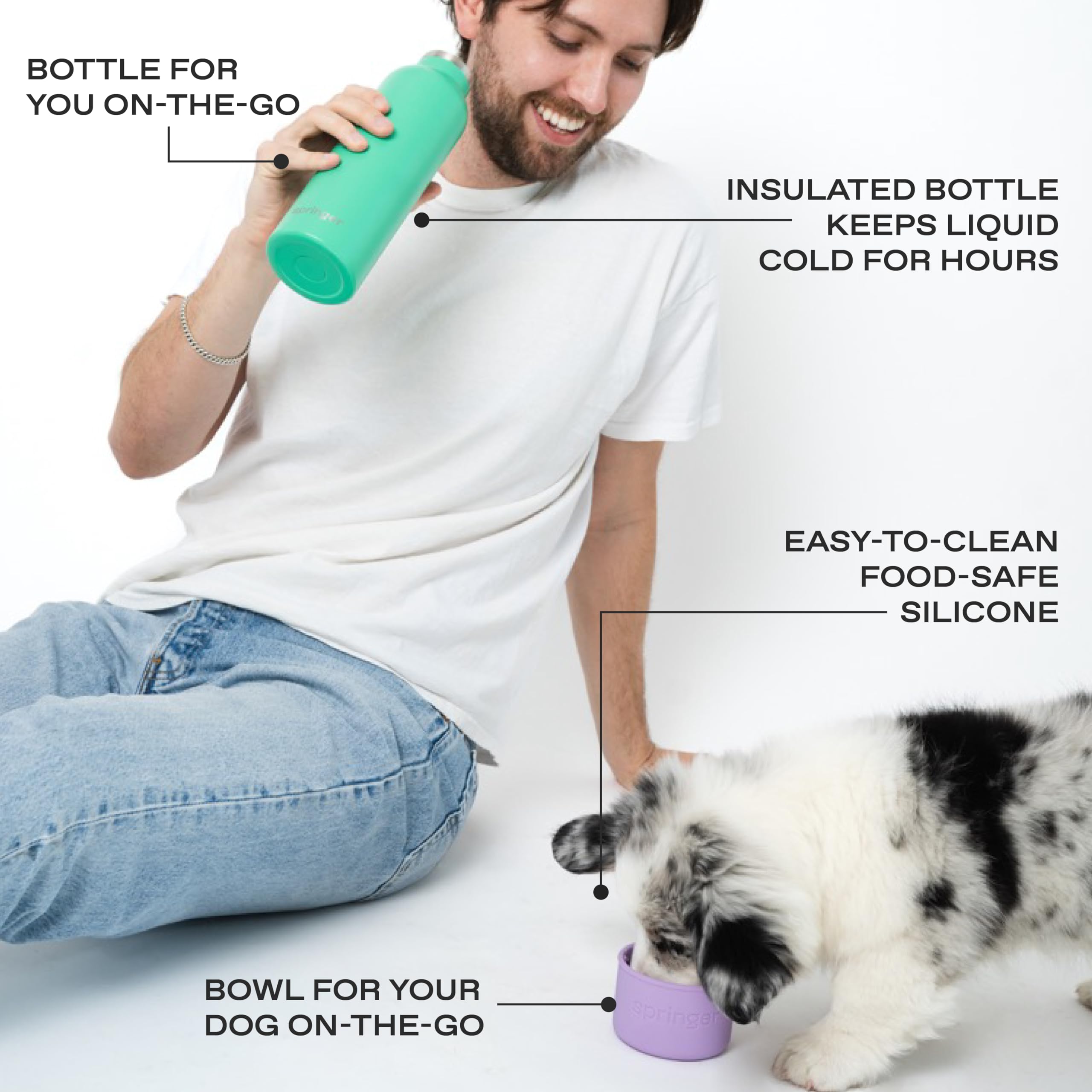 Springer Dog and Me 24oz Stainless Steel Insulated Water Bottle - Keeps Cold for 12+ Hours, Leak-Proof Portable Dog Water Bottle with Built-in Travel Bowl for Hiking, Camping, and Outdoor Adventures - Lilac/Green