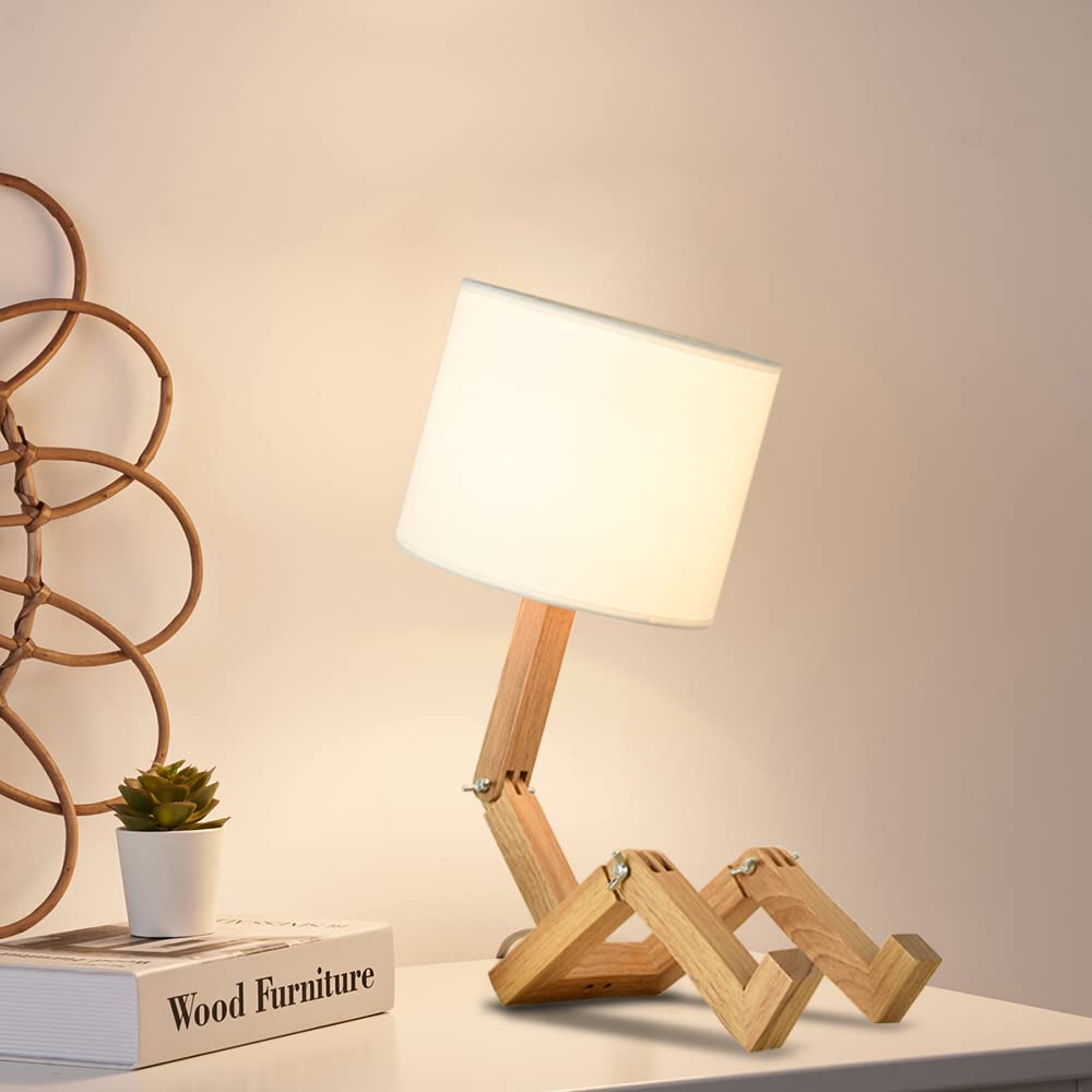 Adjustable Wooden Robot LED Bedside Table Lamp - Creative Cute Nightstand Light for Bedroom, Study & Office - Perfect for Reading, Phone Charging & Decor