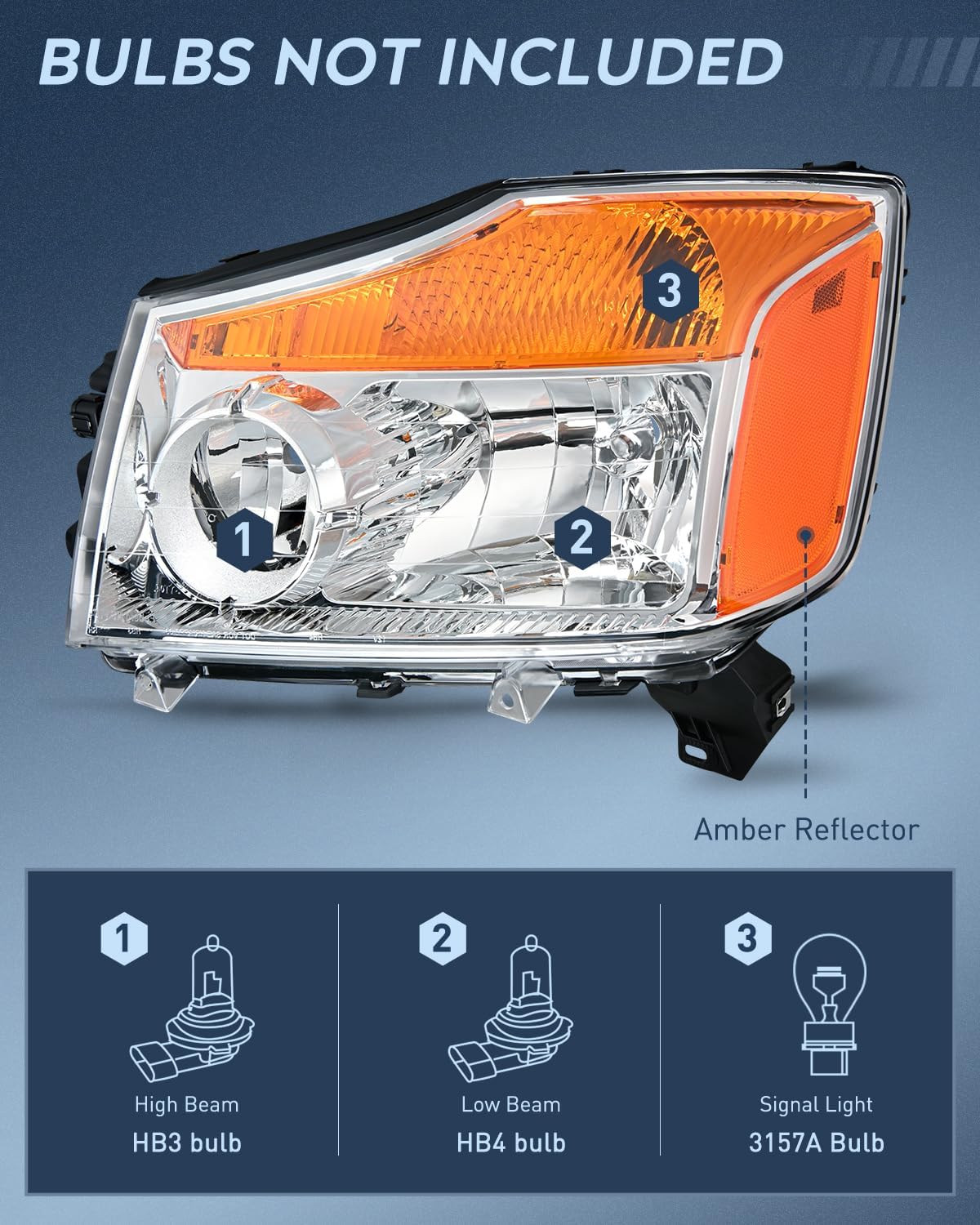 2004-2015 Nissan Titan & Armada Headlight Assembly - Chrome Case with Amber Reflector - Compatible with 2004-2015 Nissan Titan, 2005-2007 Armada, 2004 Pathfinder - Perfect for Night Driving & Off-Road Adventures