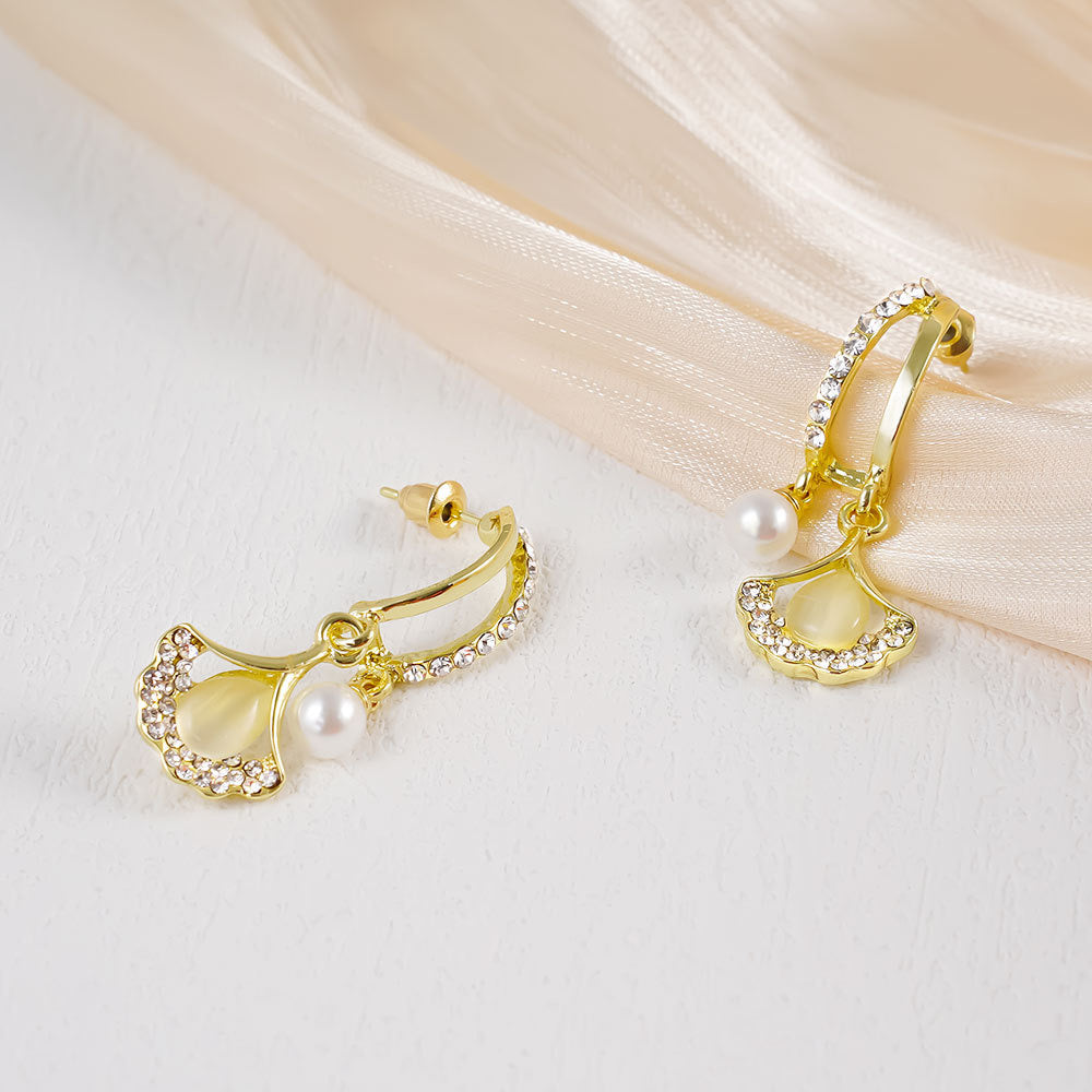 Ginkgo Leaf Hoop Earrings with Dangle Pearl | A8079 - Elegant Nature-Inspired Jewelry for Women, Perfect for Weddings, Parties & Everyday Wear