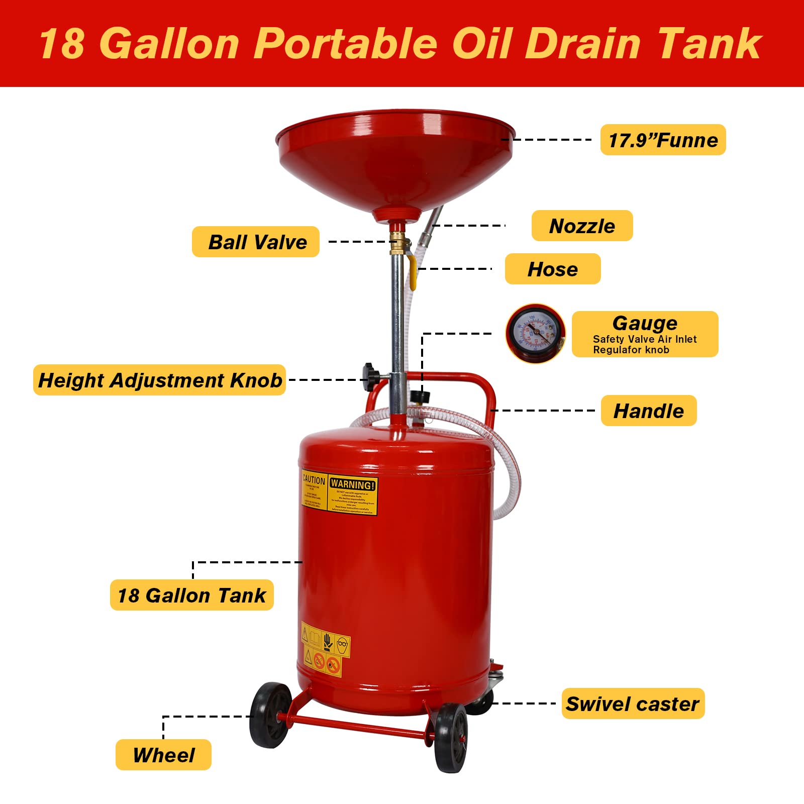 18 Gallon Oil Drain Tank with Hand Pump - Portable Pressurized Air Operated Fluid Drain Container for Car, SUV & Truck Oil Changes - Adjustable Funnel Height & Dolly Wheels (Red) - Perfect for Auto Shops, Home Garages & Quick Lube Stations