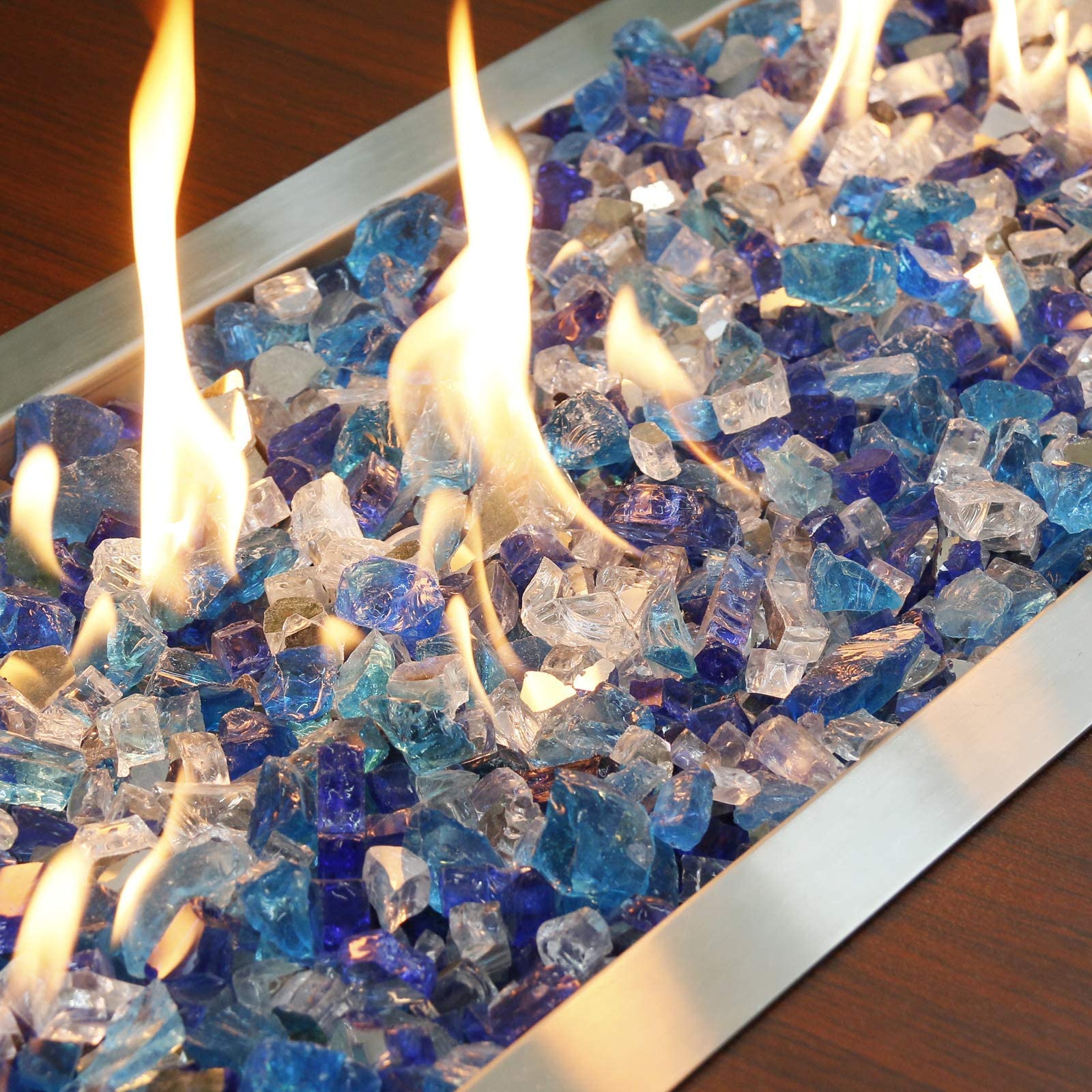 GRISUN 24 x 8 Inch Rectangular Stainless Steel Drop-in Fire Pit with 1/2 Inch 9.5lbs High Luster Fire Glass - Perfect for Outdoor Patio, Backyard, Garden & Camping Fire Pit Decor