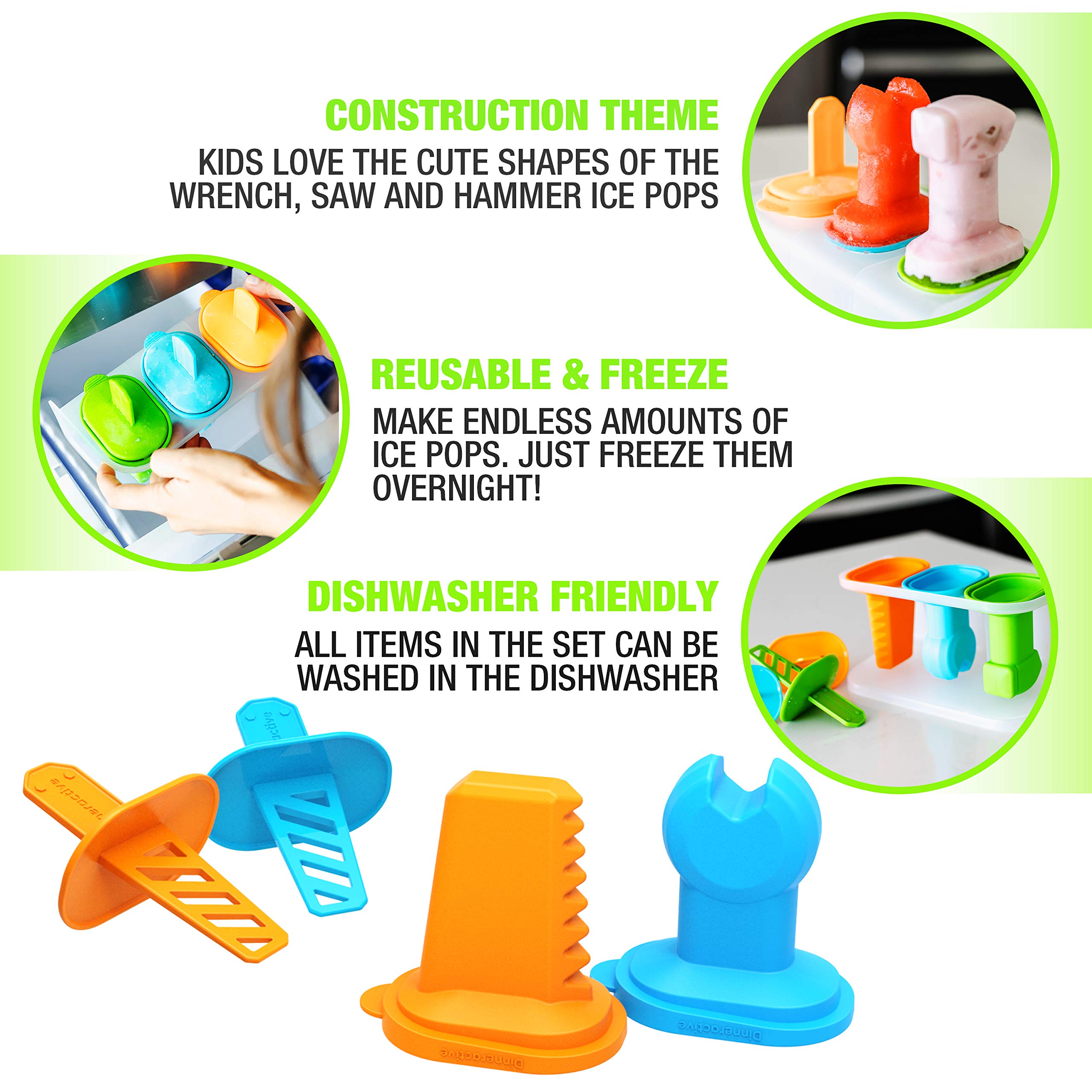 Dinneractive Play Pop Popsicle Molds - 3 Piece Tool Themed Set - Reusable Silicone Ice Pop Molds for Kids DIY Treats - Perfect for Birthday Parties, Summer Snacks & Family Fun Activities