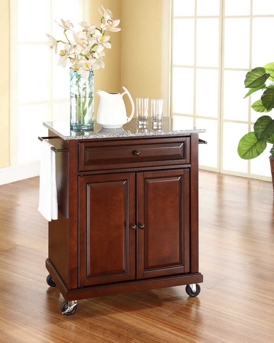 Crosley Compact Granite Top Rolling Cart with Shelves - Microwave Stand with Towel Rack, Mahogany - Perfect for Kitchen, Bathroom, or Office Storage and Organization