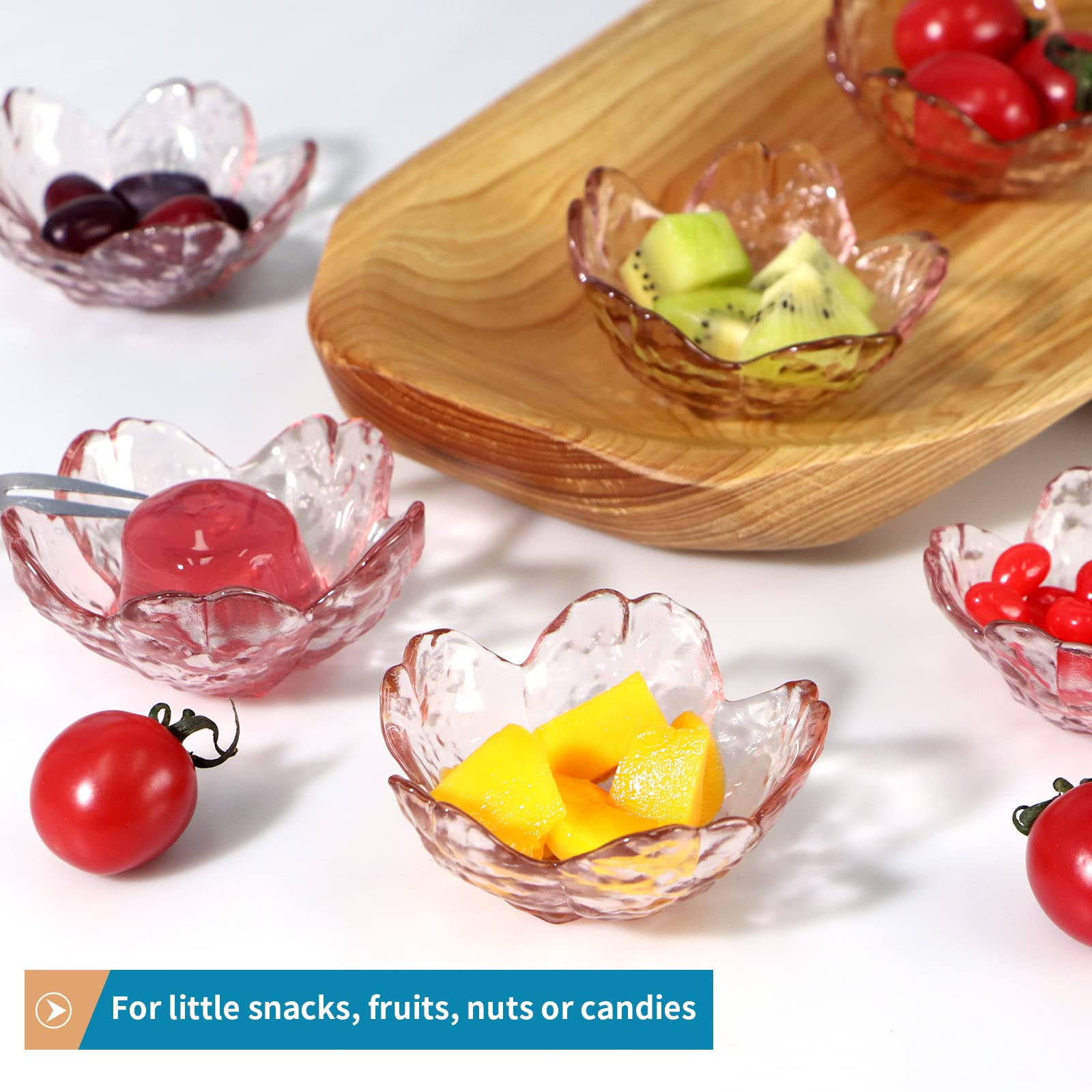 8 Pcs Glass Sakura Soy Sauce Dishes - Cute Mini Dessert Bowls & Stackable Appetizer Plates for Dips, Seasonings, Snacks, Fruits, Tea Bags - Perfect for Sushi, Ice Cream, Candy, Jewelry Storage (Pink)