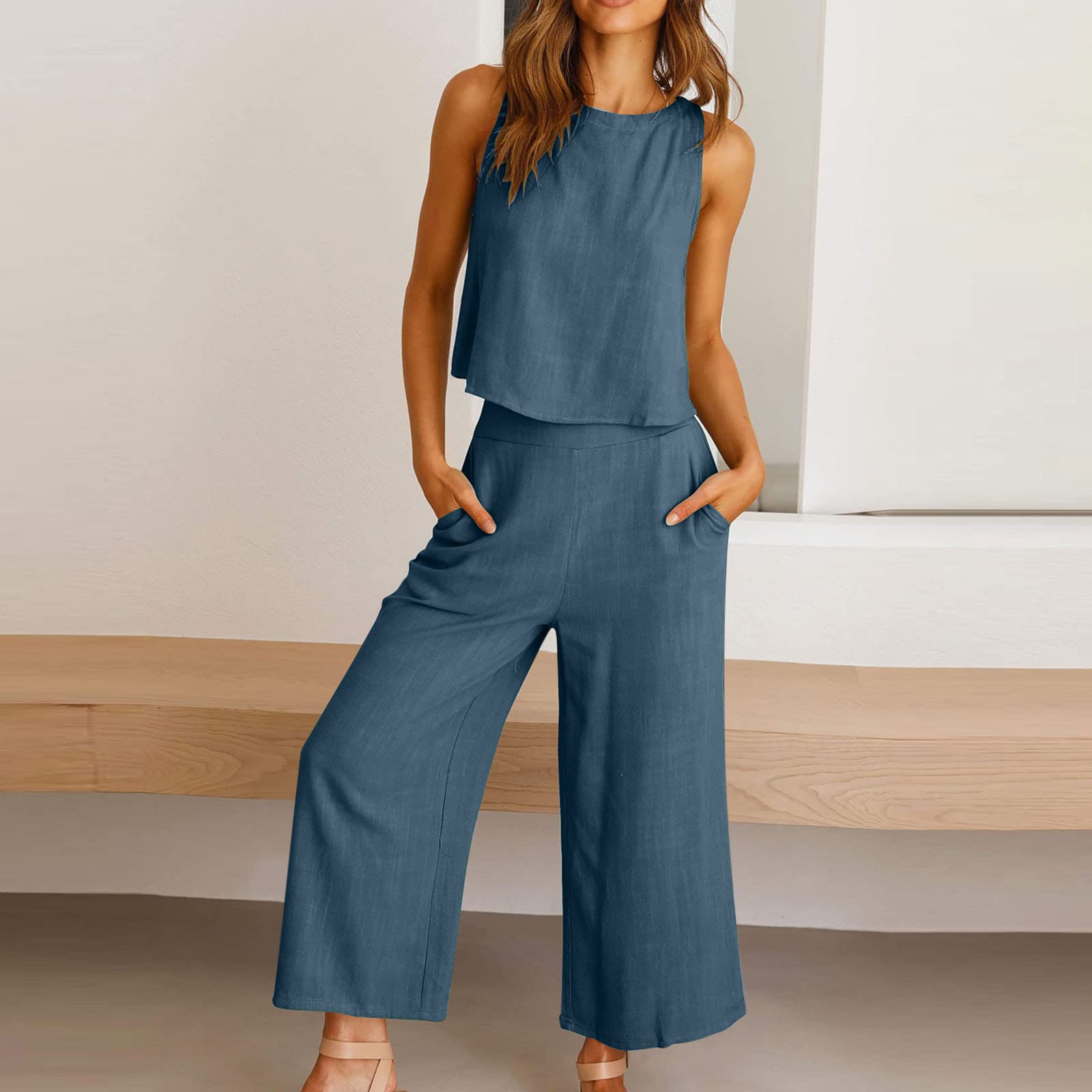 Women's 2 Piece Outfit Set - Sleeveless Cropped Vest & Wide Leg Pants with Pockets | Summer Lounge Wear for Going Out, Travel & Casual Chic Style