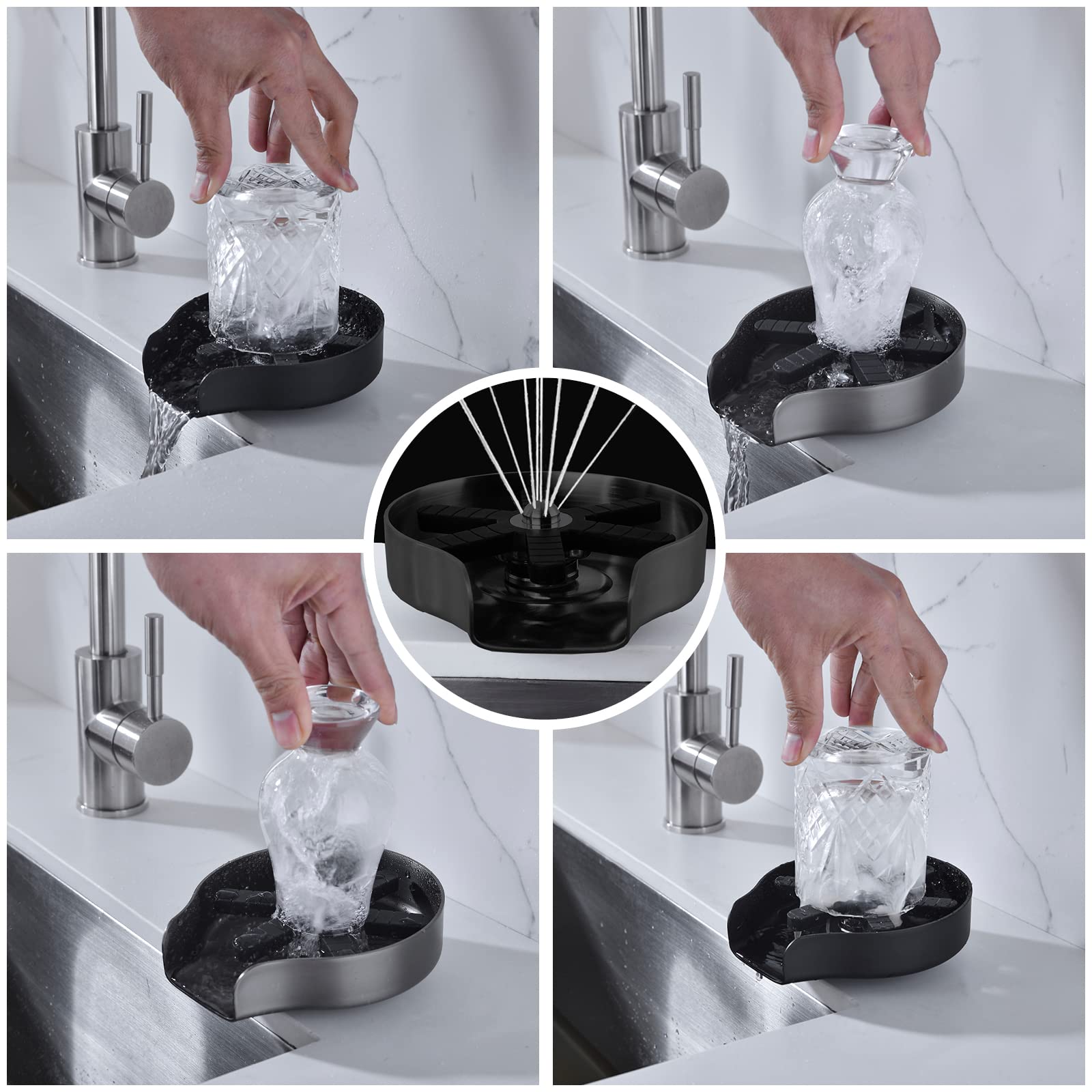 Stainless Steel Multi-Angle Pressurized Glass Rinser for Kitchen Sink - Matte Black Cup & Bottle Cleaner for Wine, Baby Bottles, and Utensils