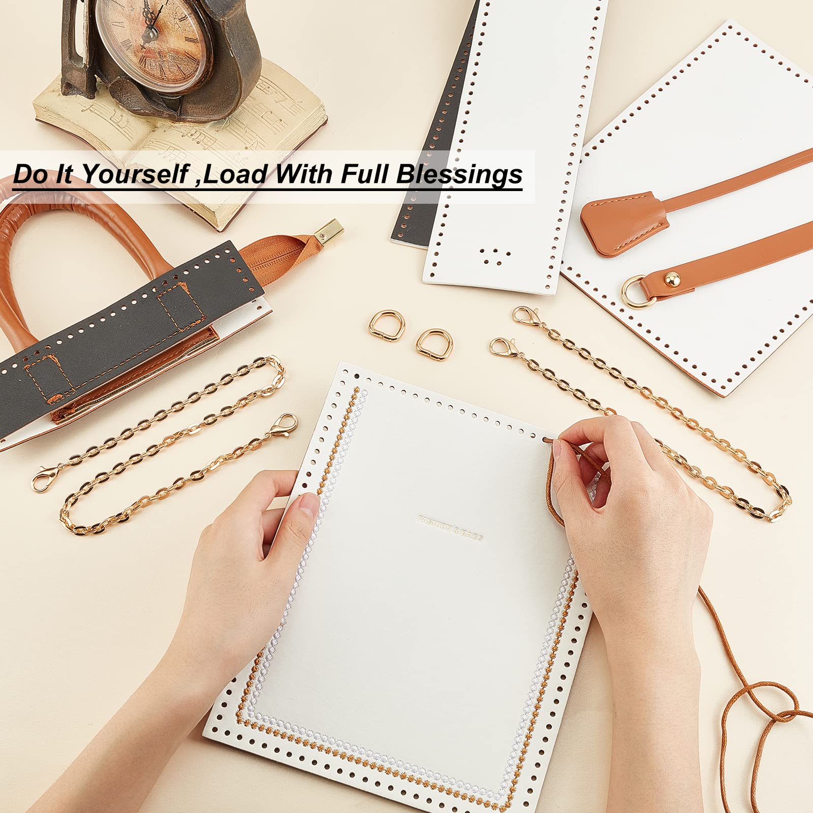 WADORN 15pcs Leather Knitting Crochet Bags Making Kit - DIY Leather Craft Handbag Sewing Material with Purse Cross Stitch Supplies, 7x8.6 Inch (White) - Perfect for Gift Making, Home Crafting & Fashion Accessories