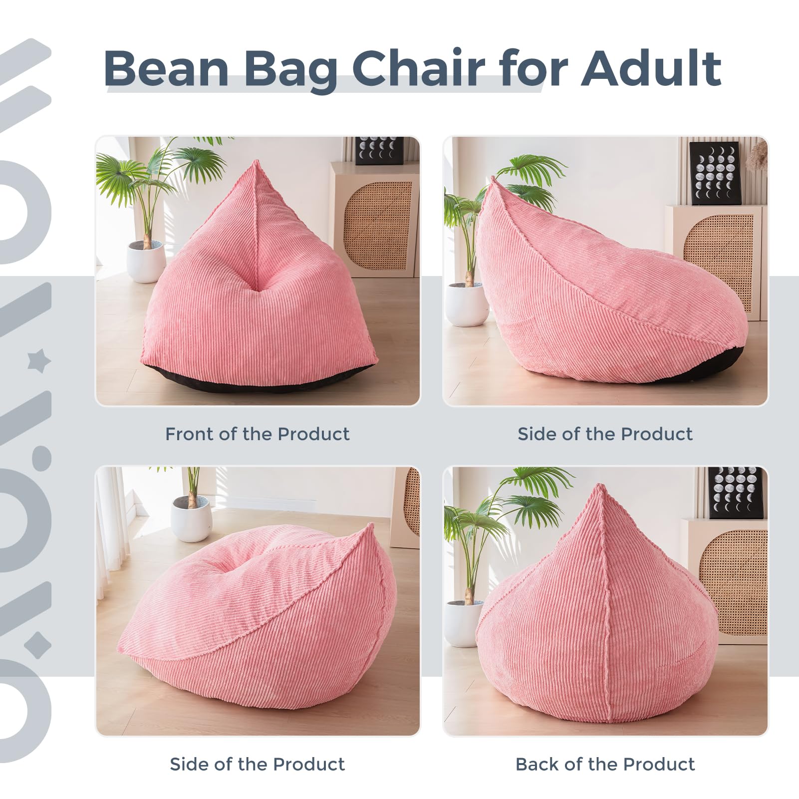 MAXYOYO Corduroy Bean Bag Chair for Adults - Soft & Comfortable Lazy Sofa with Filler, 43x41x35 Inches, Pink - Perfect for Living Room, Bedroom, Game Room & Dorm Relaxation