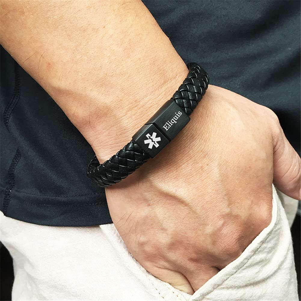 Custom Medical Alert Bracelet for Men & Women - Personalized Leather Lymphedema ID Wristband with Emergency Info - Black (Ideal for Travel, Outdoor Activities & Health Safety)