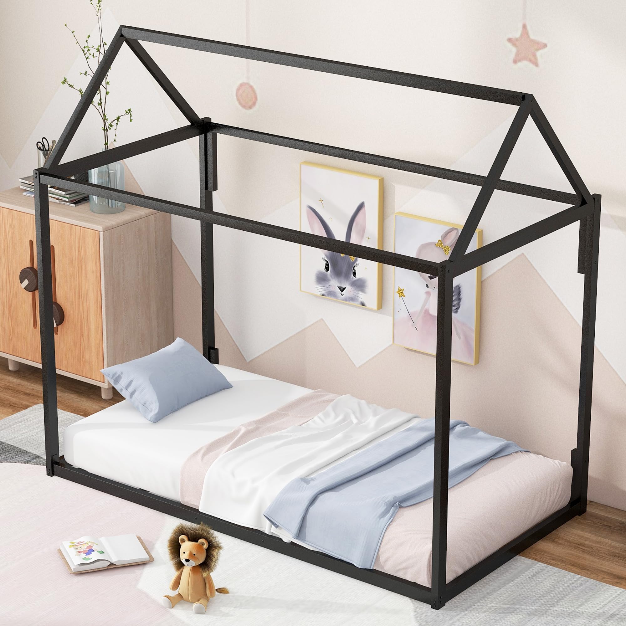 HABITRIO Twin Metal House Bed Frame - Sturdy House-Shaped Design for Teens & Adults, Easy Assembly, Black - Perfect for Bedroom, Dorm, Living Room & Kids Play Area